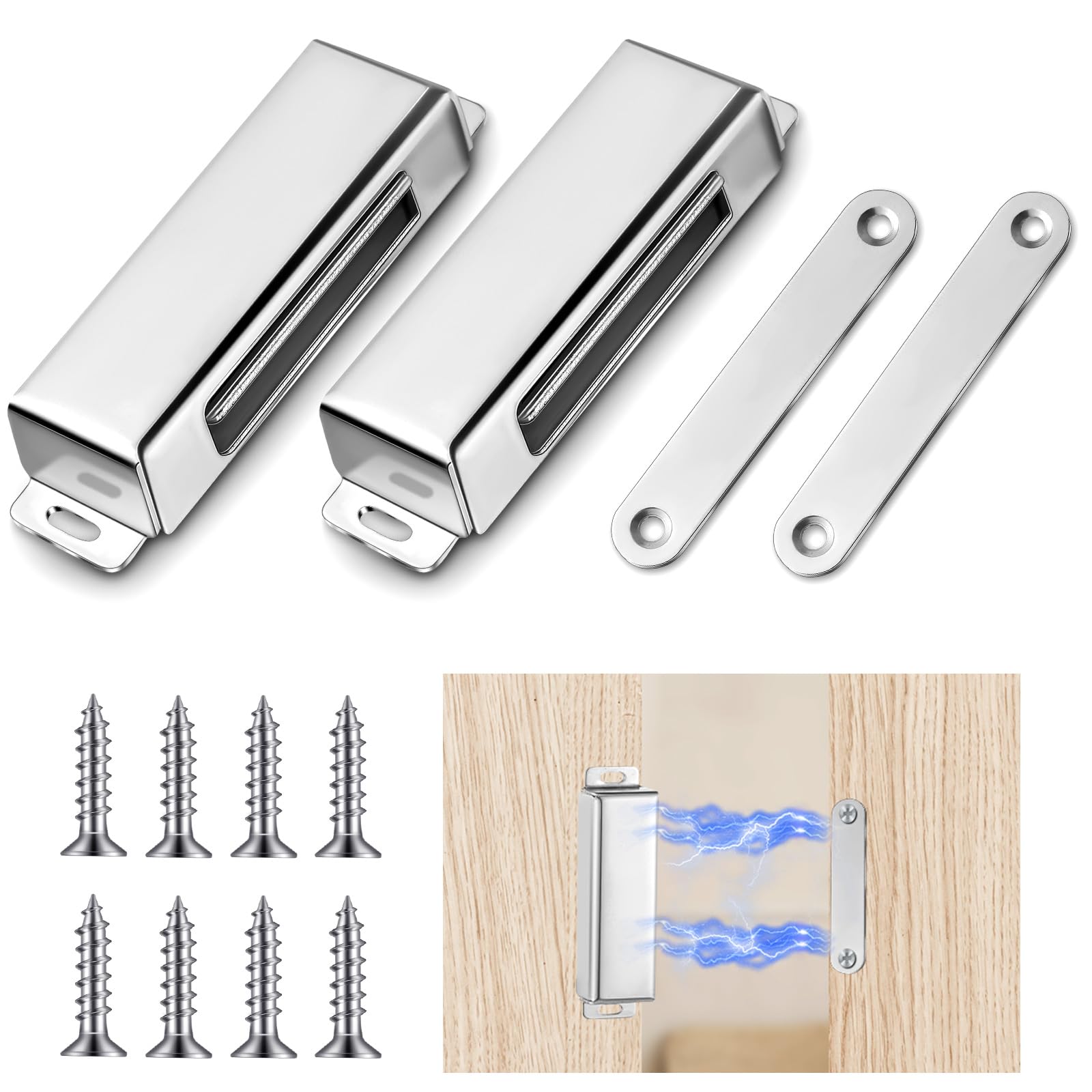 Yaocom 2 cierres magnéticos para puerta, 150 libras, acero inoxidable, resistentes, fuertes imanes magnéticos para armario, armario, cocina, baño, habitación automática (2.95 pulgadas)
