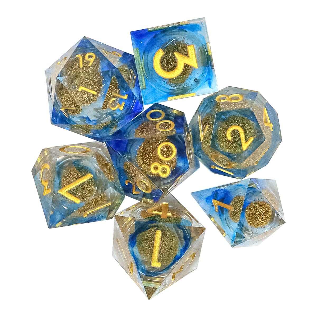 Sarini 7-teiliges Würfelset mit Flüssigkern und Kunstharz,scharfe Kanten,polyedrische DND-Würfel für Dungeons and Dragons,RPG,MTG-Tischspiele (Goldblau)