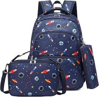 mygreen Kids Backpack Set, 3-in-1 School Backpack with Lunch Box & Pencil Case for Boys Girls, Lightweight Durable for Daycare, Picnic, Outdoor Travel Dark Blue Rocket