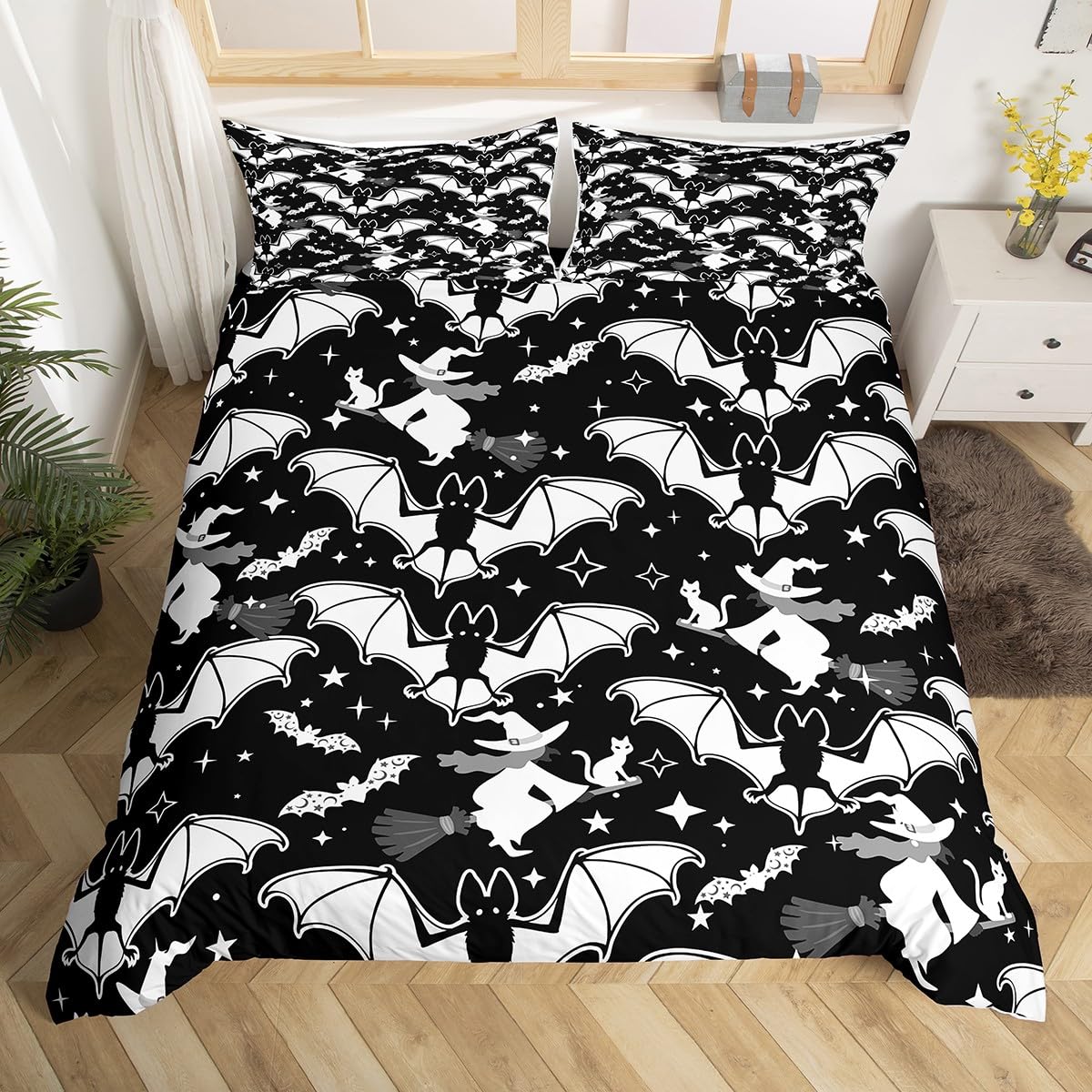 Bat Duvet Cover Set Halloween Bedding Set for Kids Boys Girls Wizard Cat Comforter Cover Set Microfiber Black White Bedspread Cover Bedroom Bedclothes Single
