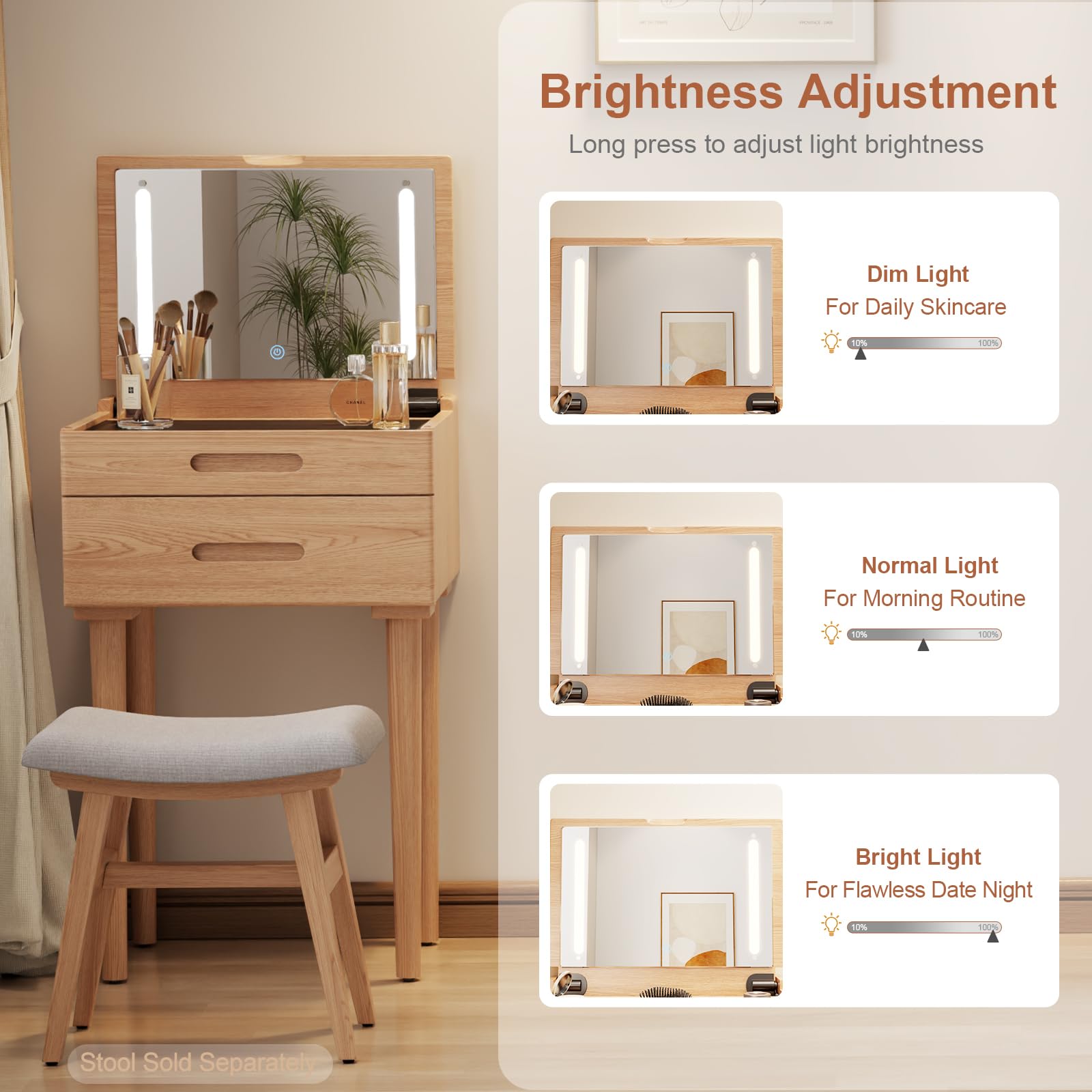 Escritorio pequeño de madera maciza con espejo abatible, luces ajustables de brillo, tocador compacto con parte superior de vidrio y cajones, tocador delgado para espacios pequeños, dormitorio 7