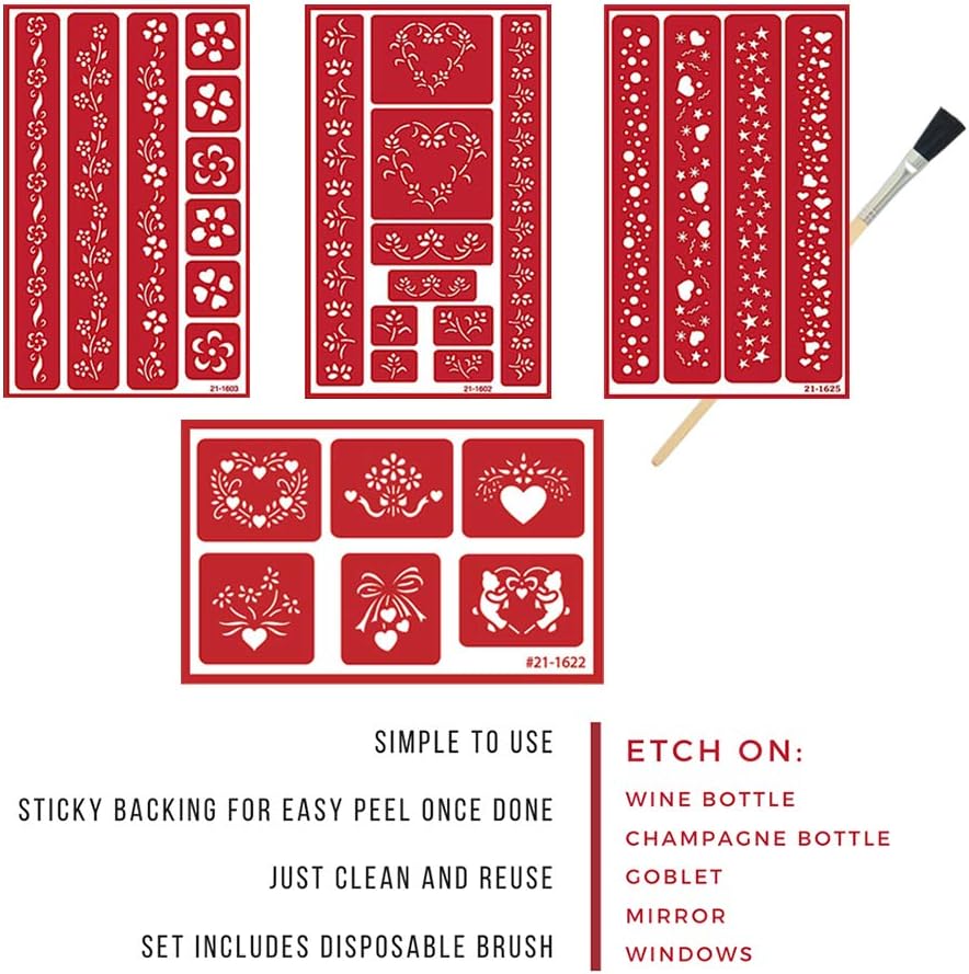 4 Reusable Glass Etching Stencils - Heart, Floral, Star, Circle Borders and Patterns Theme Stencil - Set includes Brush, Total 5 Items