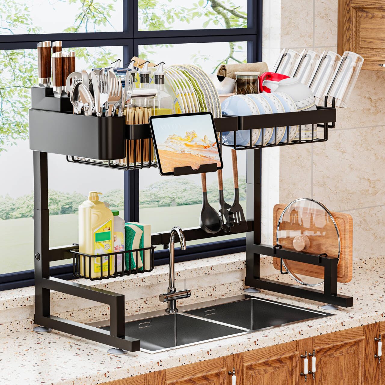 ilvvan Over Sink Dish Drying Rack (Expandable Height/Length) Snap-On Design Large Dish Drainer Storage Counter Organizer: 24" - 35.5"(L) x 12"(W) x 19" - 22"(H)