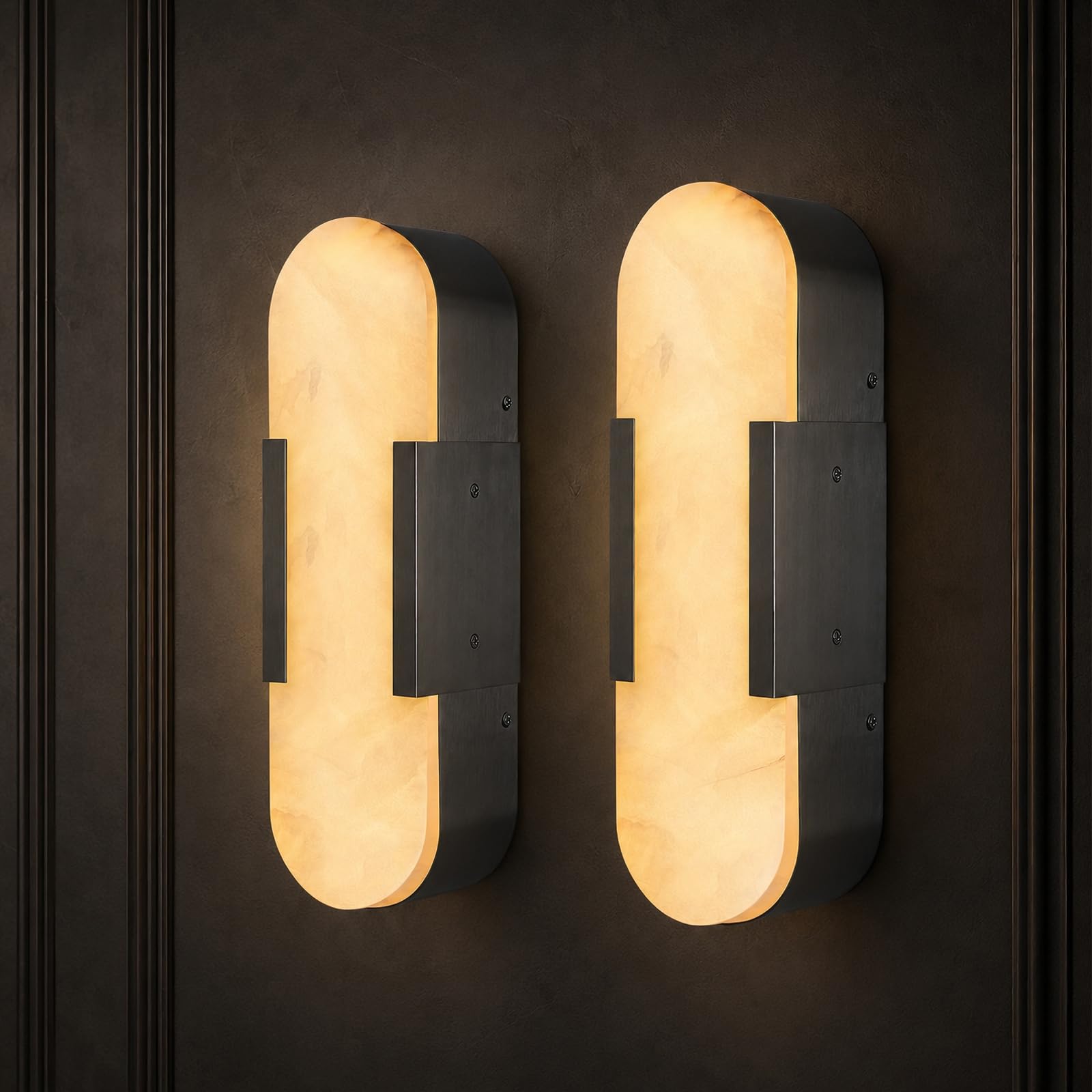 Apliques de pared de mármol natural, juego de 2, 35 cm (13,8"), color alabastro negro, iluminación moderna con cableado fijo para tocador, luz cálida de 3000 K, para baño (13.8inches)