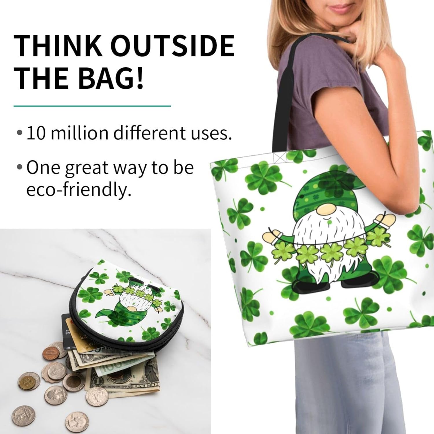 GTEVUTS St. Patrick's Day Large Grocery Tote Bag Irish Beach Tote Reusable Shopping Shoulder Bag (with Coin Purse) - Image 6