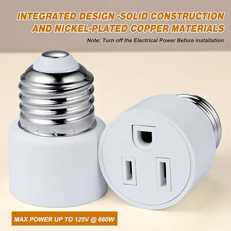 3 Prong Light Socket to Outlet Adapter, E26/E27 Screw in Light Bulb to Plug Adapter, Polarized Light Socket Converter for Porch Light, Garage Light, Camera and Light Strings(2, White)