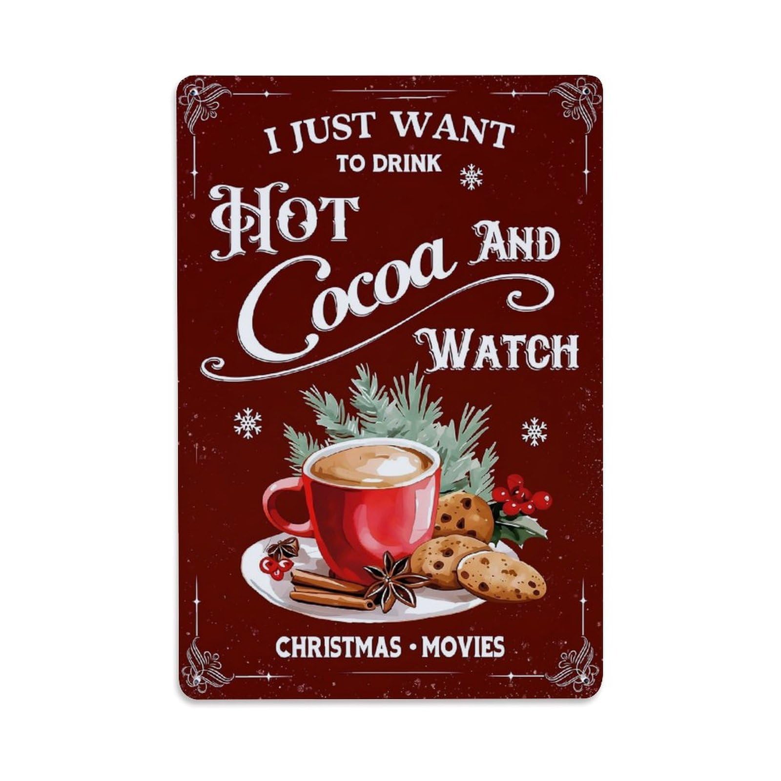 Jdfenggu Vintage Hot Cocoa And Christmas Movies Retro Metal Tin Sign, Metal Poster For Bar, Home, Man Cave, Kitchen, Laundry Room Art Decor 8X12 Inch