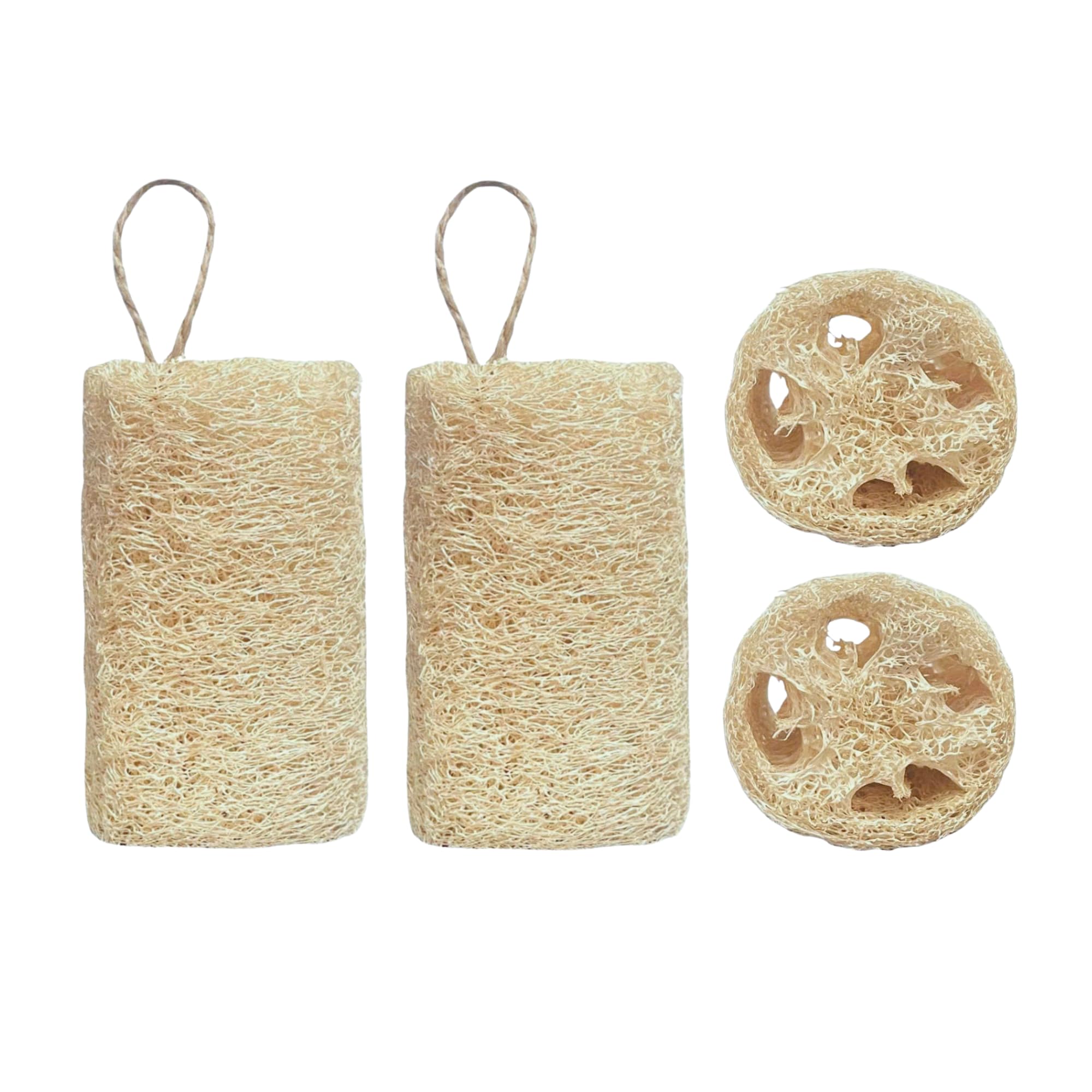 Natural Loofah for Shower & Kitchen – 4 Pack Exfoliating Body Scrubbers & Eco Dish Sponges – Loofah for Men & Women, Cylindrical & Round Shapes.