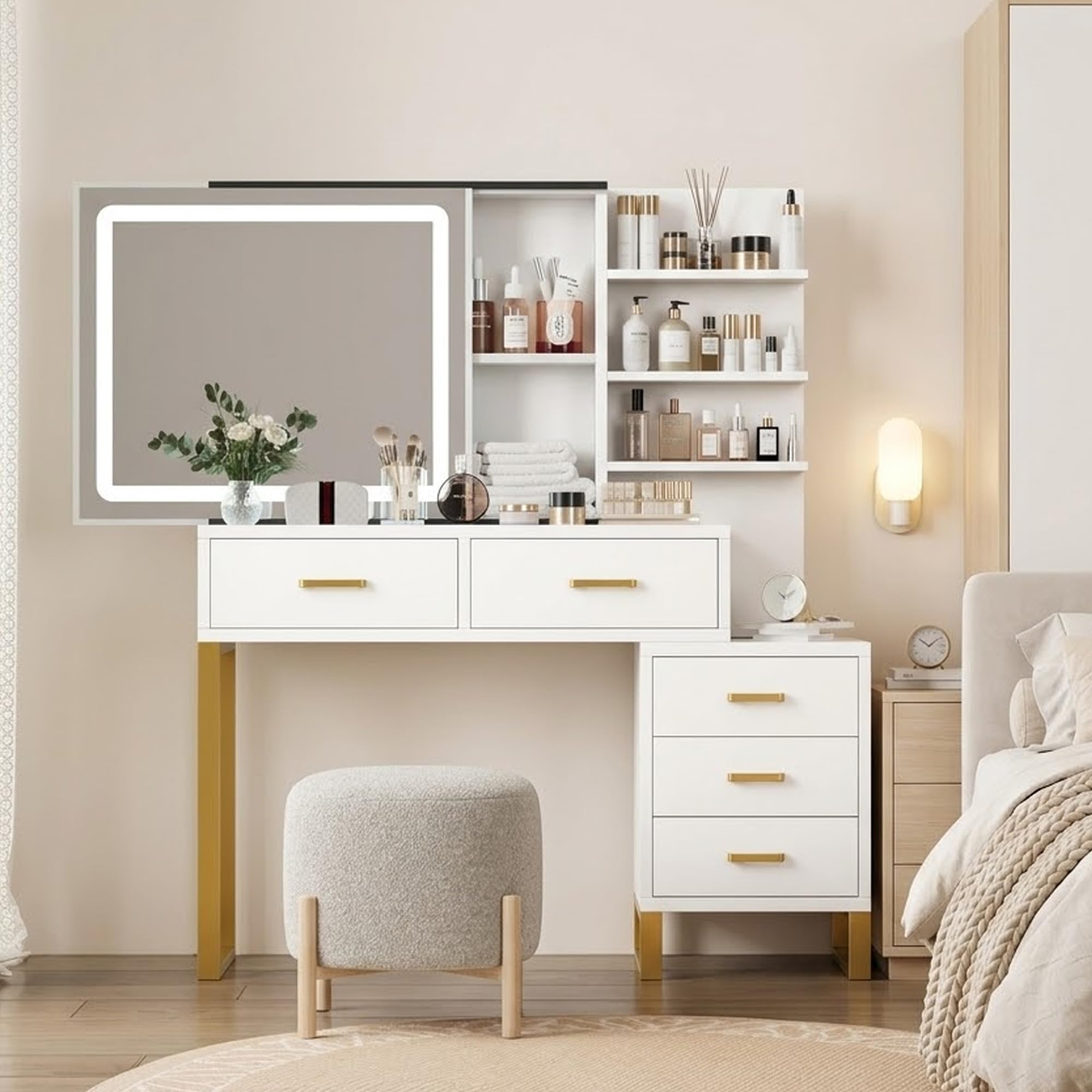 garveehome makeup vanity desk with sliding mirror and lights, large dressing table with charging station, 3 lighting modes, 5 large drawers and 3 tiers of open shelves, for bedroom, white & gold