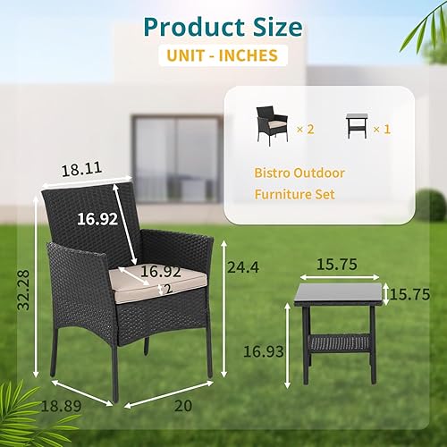 Miniatura 6 de Juego de 3 muebles de patio para porche, sillas de mimbre de ratán PE con mesa, juegos de muebles de jardín al aire libre, mesa auxiliar y cojines