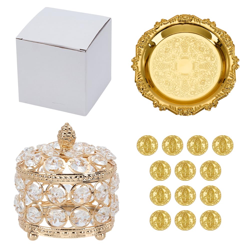 ORIGACH Juego de monedas de oro Arras de Boda, caja redonda con 13 monedas de Jesús y bandeja en relieve, accesorios de boda para ceremonia