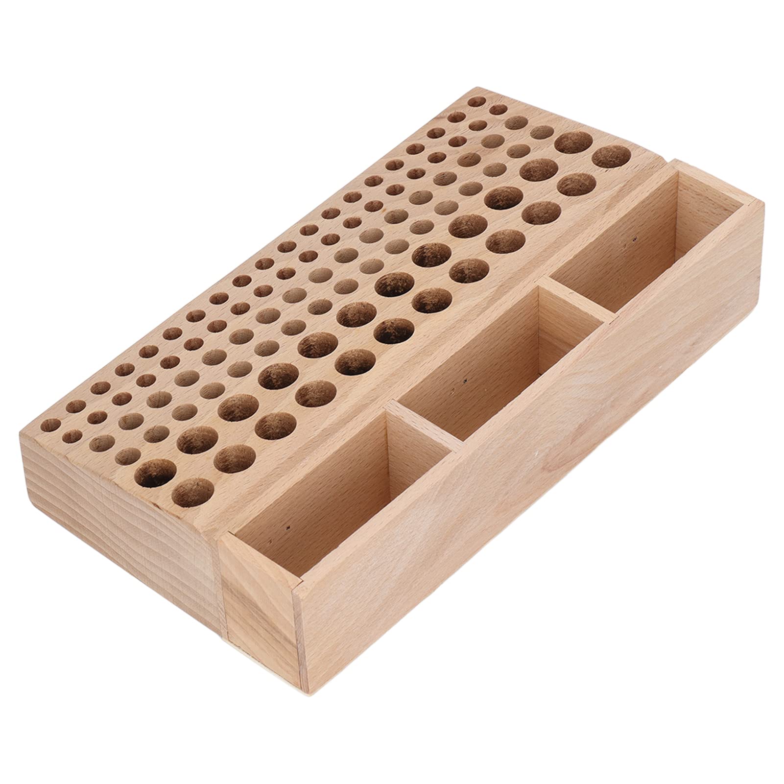 Soportista de herramientas de cuero con 3 compartimentos y 98 hoyos, construcción de madera de haya para el almacenamiento y organización de herramientas de cuero.