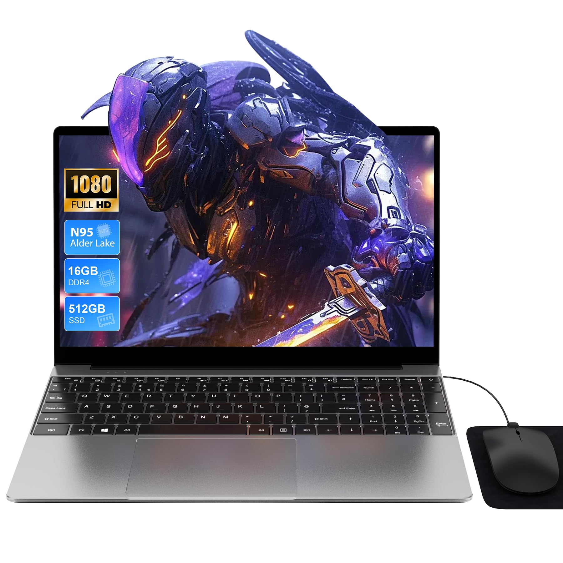 Notebook 15,6 con Processore N95, 16GB RAM 512GB, Schermo FHD IPS, Tastiera Retroilluminata, Lettore di Impronte, WiFi 5, PC Portatile Leggero per Studio, Lavoro e Casa(Tastiera UK+pellicola IT