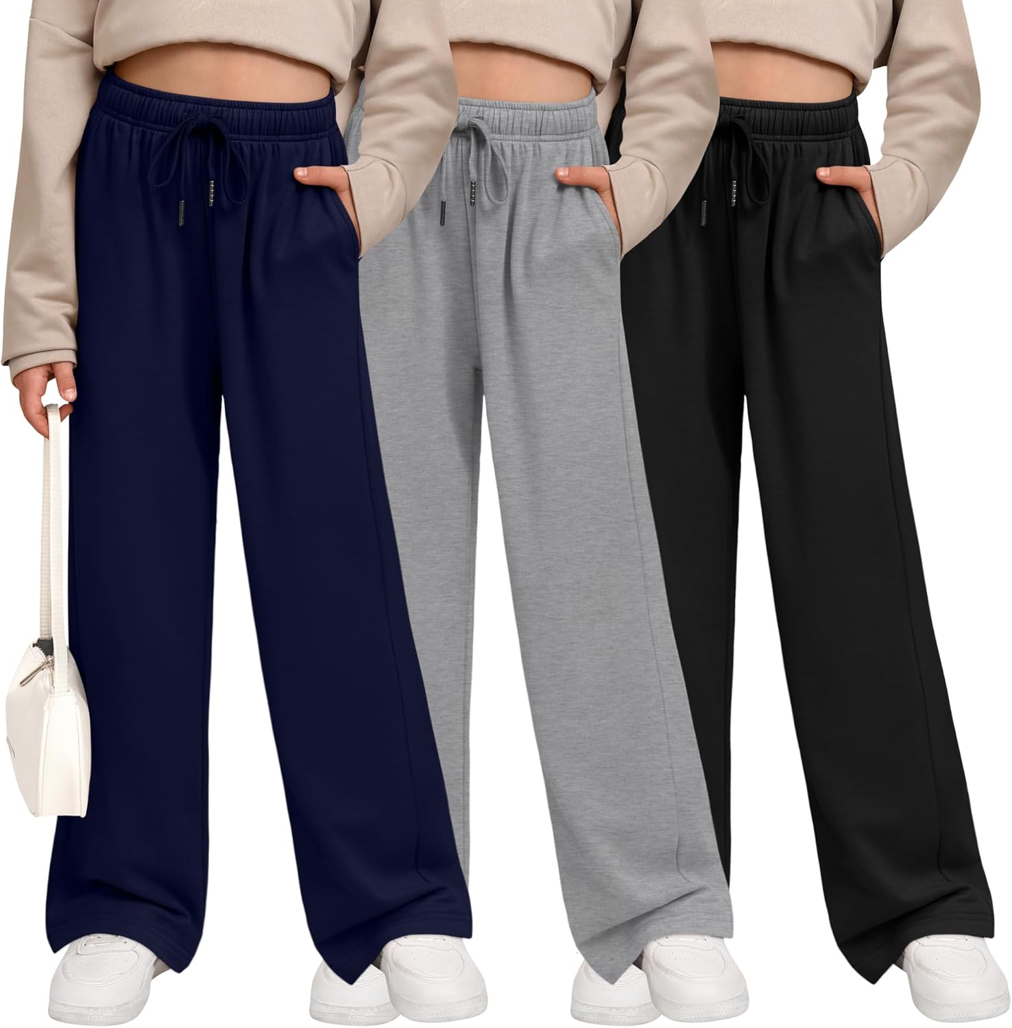 3 Pack Girls' Sweatpants Wide Leg Drawstring Casual Kids Joggers Open Bottom Loose Solid Teen Pants with Pockets