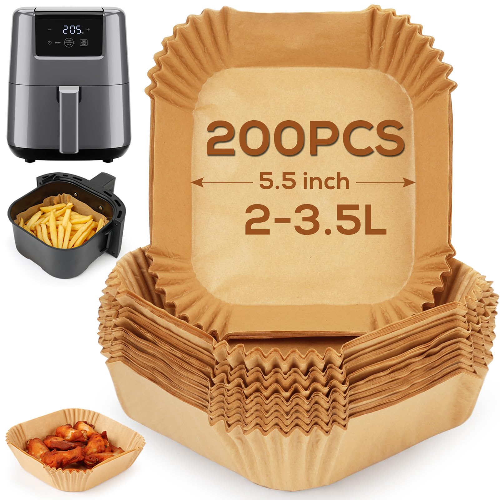 YQL 200pcs Small Air Fryer Liners 5.5 Inch for Chefman/Daewoo/Cosori/Midea Compact/Belaco 2L, Square Air Fryer Accessories Disposable, Non Stick Parchment Paper for Single Basket Square/Round 2L-3.5L โ image 1