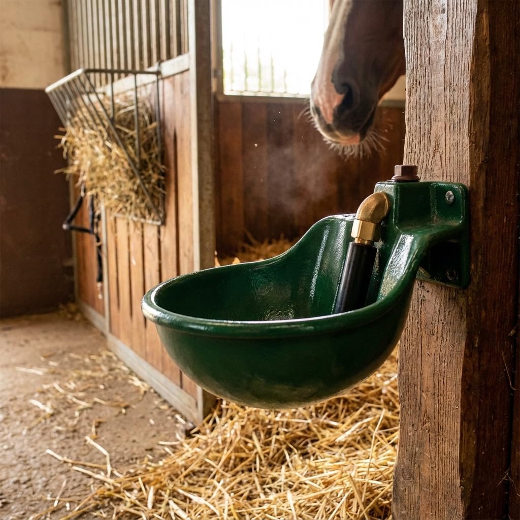 Suinga Bebedero para Caballo - Bebedero de Metal Verde con Empujador para Caballos 10L, 22x28x18 cm – Bebedero Automático Equino