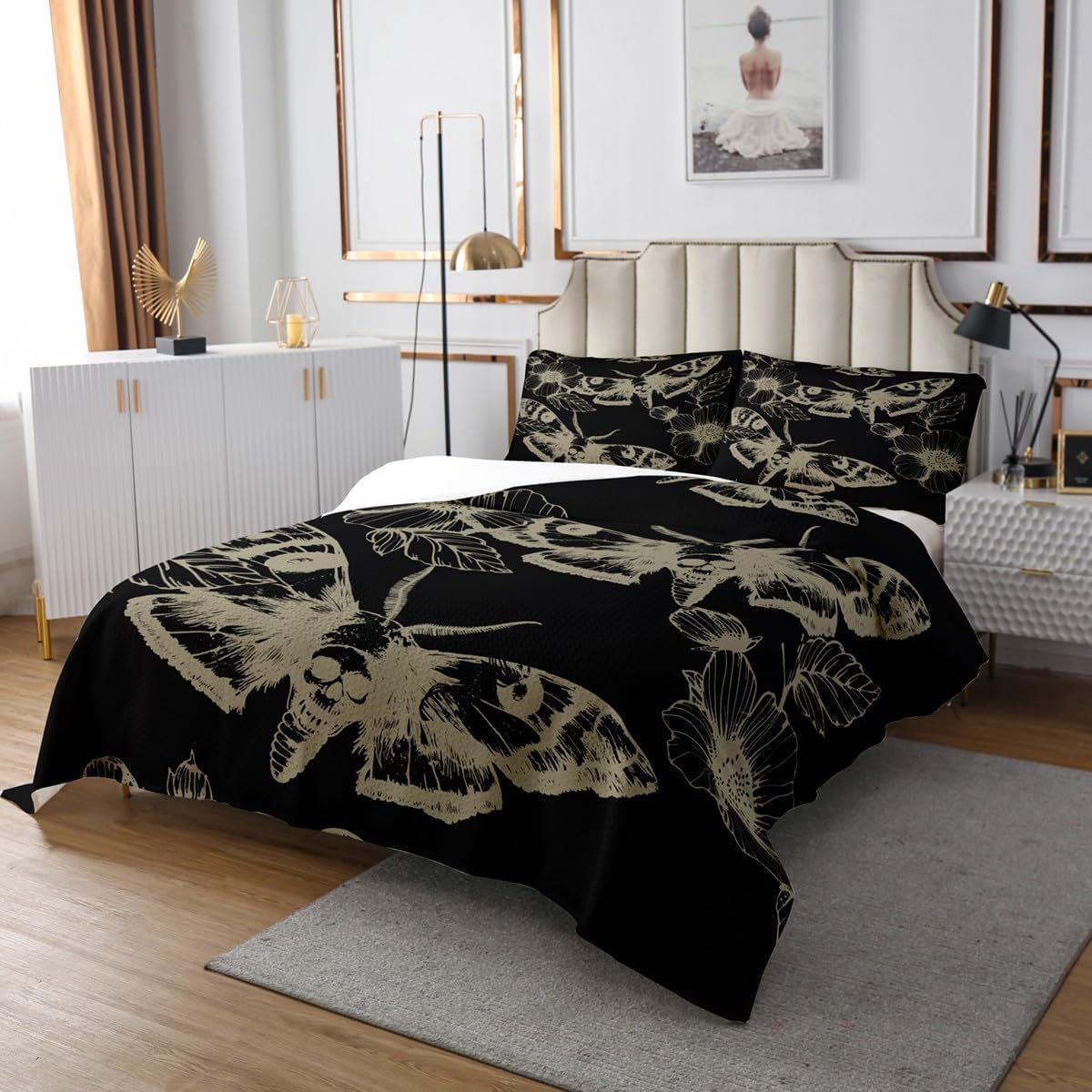 jejeloiu Gothic Coverlet Set Twin Size Boho Moth Quilted Coverlet for Kids Boys Girls Teens Black Goth Halloween Bedspread Breathable Floral Soft Microfiber Quilt Set All Season