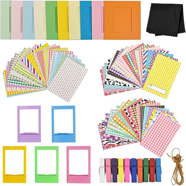 86 Pcs Instant Camera Accessories Kit with Colorful Photo Border Sticker Wall Hanging Paper Frame Plastic Table Picture Frames Hanging Clips Microfiber Cloth for Fujifilm Instax Mini 9 Mini8 Mini 8+