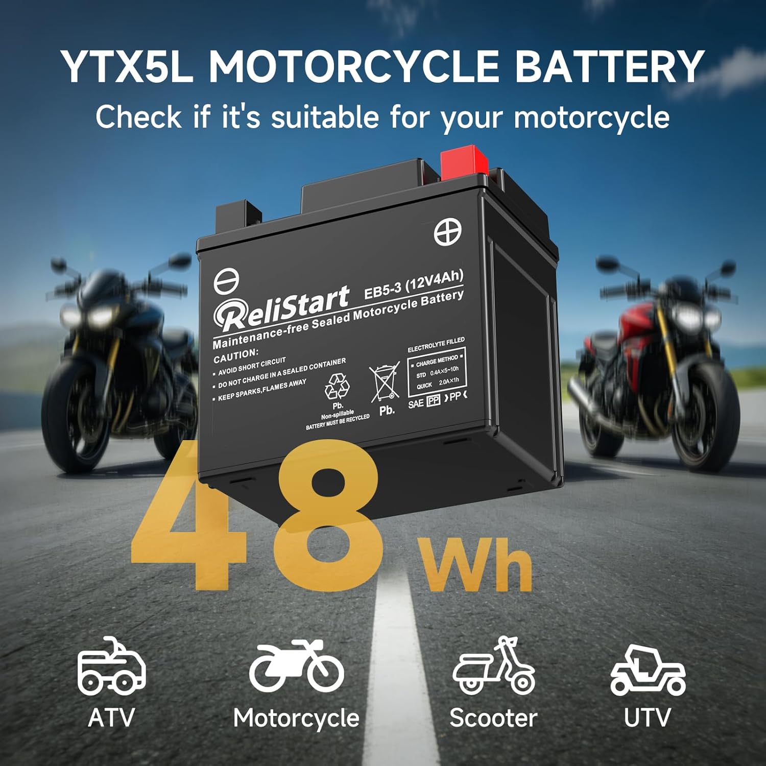 Motorcycle Battery YTX5L 12V 4Ah, Powersports Batteries High Performance, AGM Maintenance Free Battery for Bike ATV Scooter