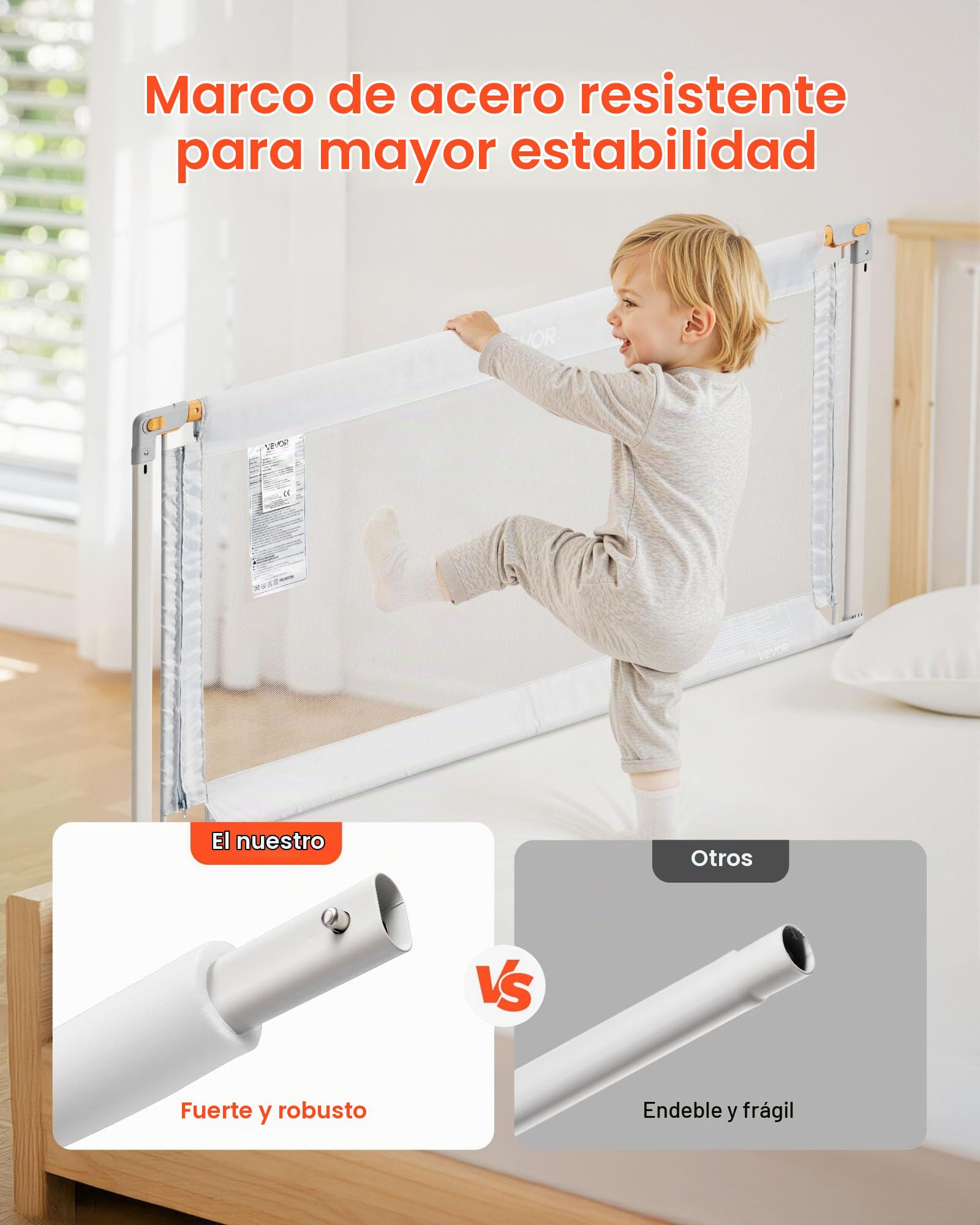 VEVOR Barandilla de Cama Infantil de 3 Lados, Tubo de Hierro Reforzado, Tela Oxford, Altura Ajustable de 68 a 89 cm, para Camas Tamaño King, Grosor de Colchón de 5 a 27 cm, 2000 x 620 mm, Gris