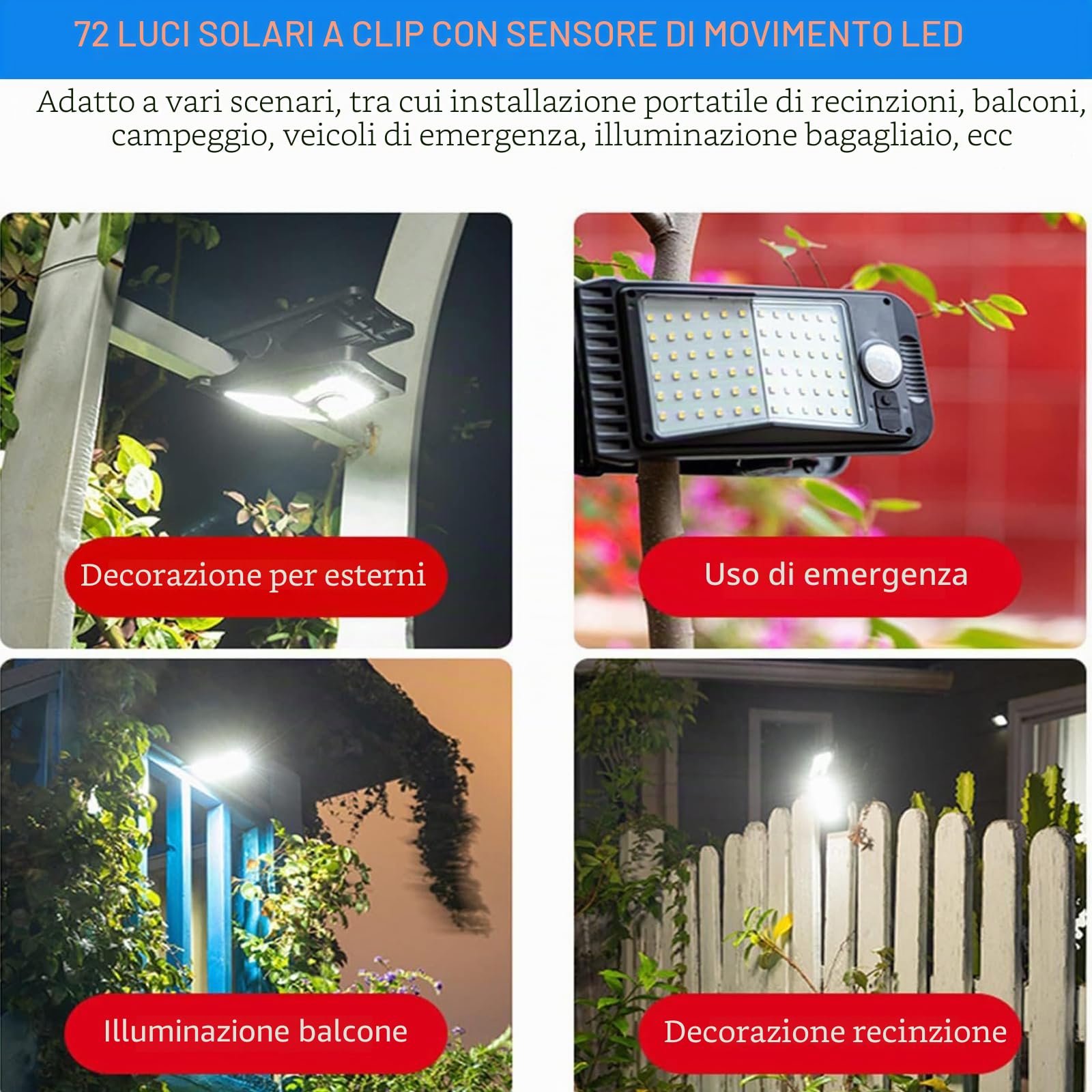 KINGCOO Lampada solare con sensore di movimento per esterni, portatile, impermeabile, 72 LED, con clip, luci solari da campeggio, luci di sicurezza per coperta, recinzione, garage, escursioni,