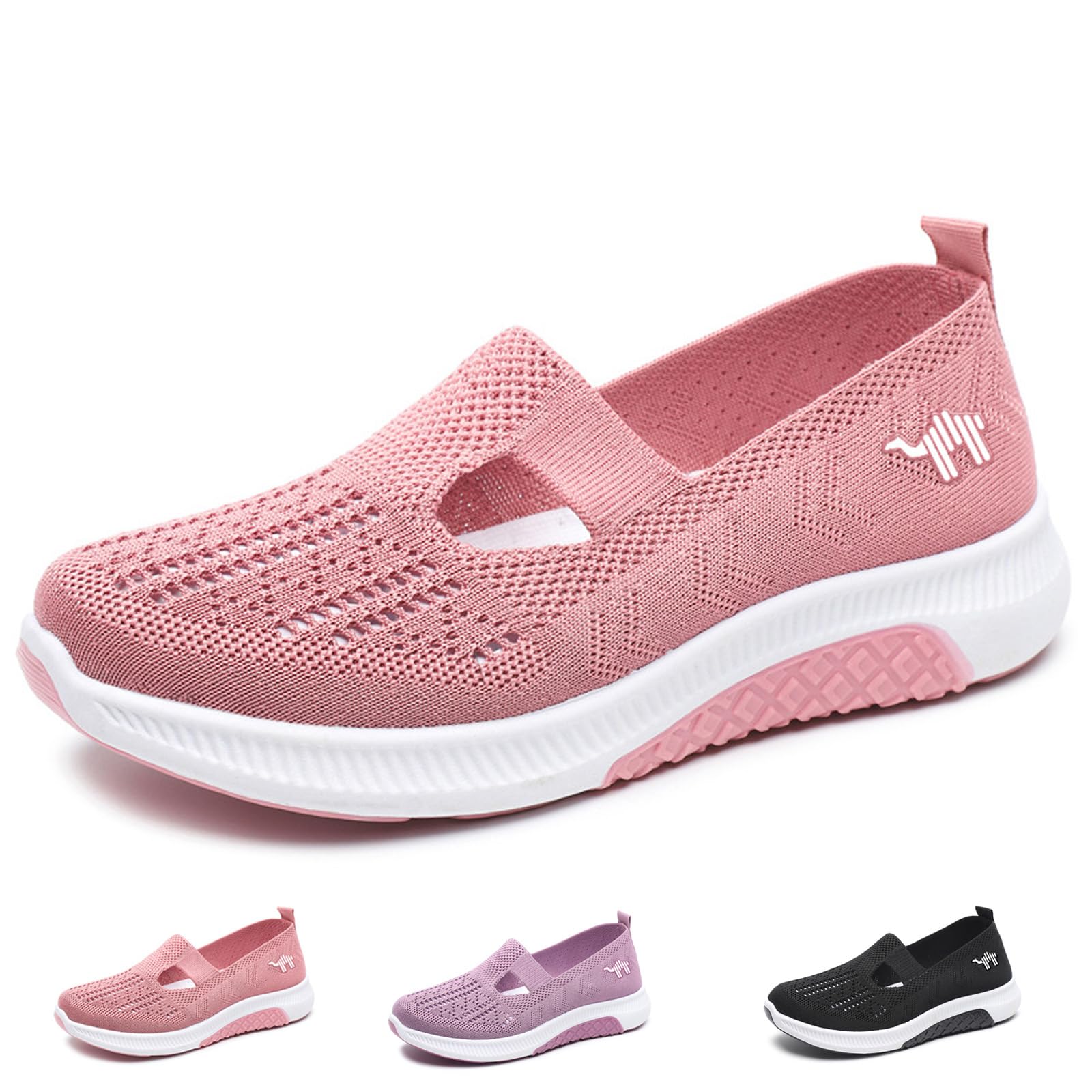 WENOREG Women's Mesh Hollow Out Slip On Walking Sneakers,Adjustable Buckle Non-Slip Soft Bottom Working Lightweight Nurse Shoes (Pink,5,5)