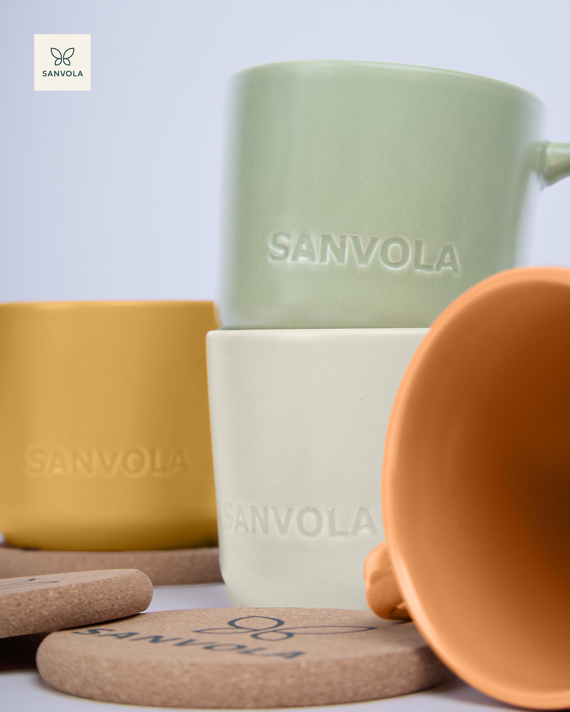 6 tazas desayuno 350 ml, juego de tazas de cafe de gres cerámico mate con tapa-posavasos de corcho 2 en 1, aptas para microondas y lavavajillas, ideales como tazas cafe con leche y tazas de te