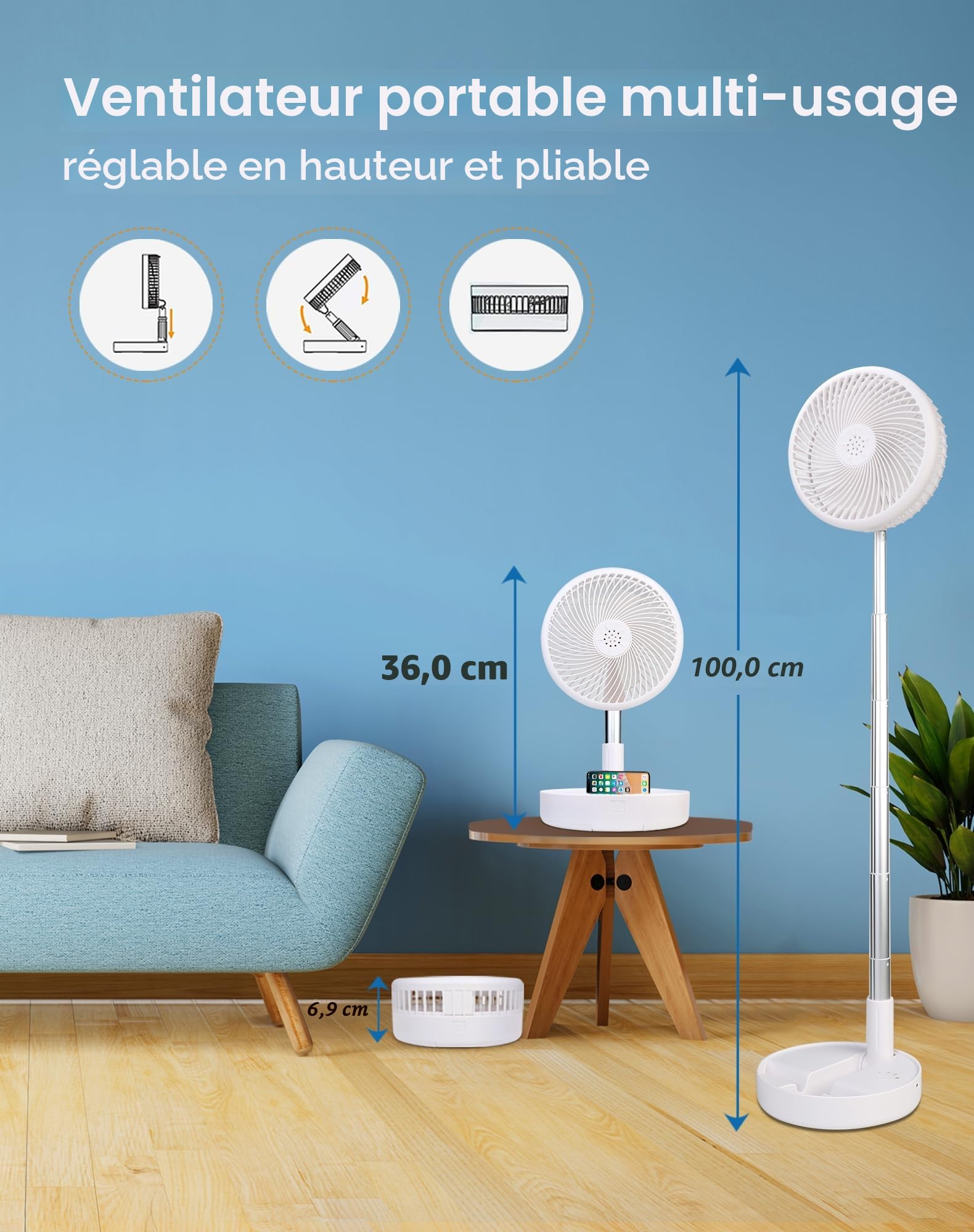 Primevolve Ventilateur de 8" pliable avec télécommande, batterie 7200 mAh, USB, ventilateur sur pied, portable, pour extérieur, voyage, camping, table silencieuse pour chambre à coucher, bureau