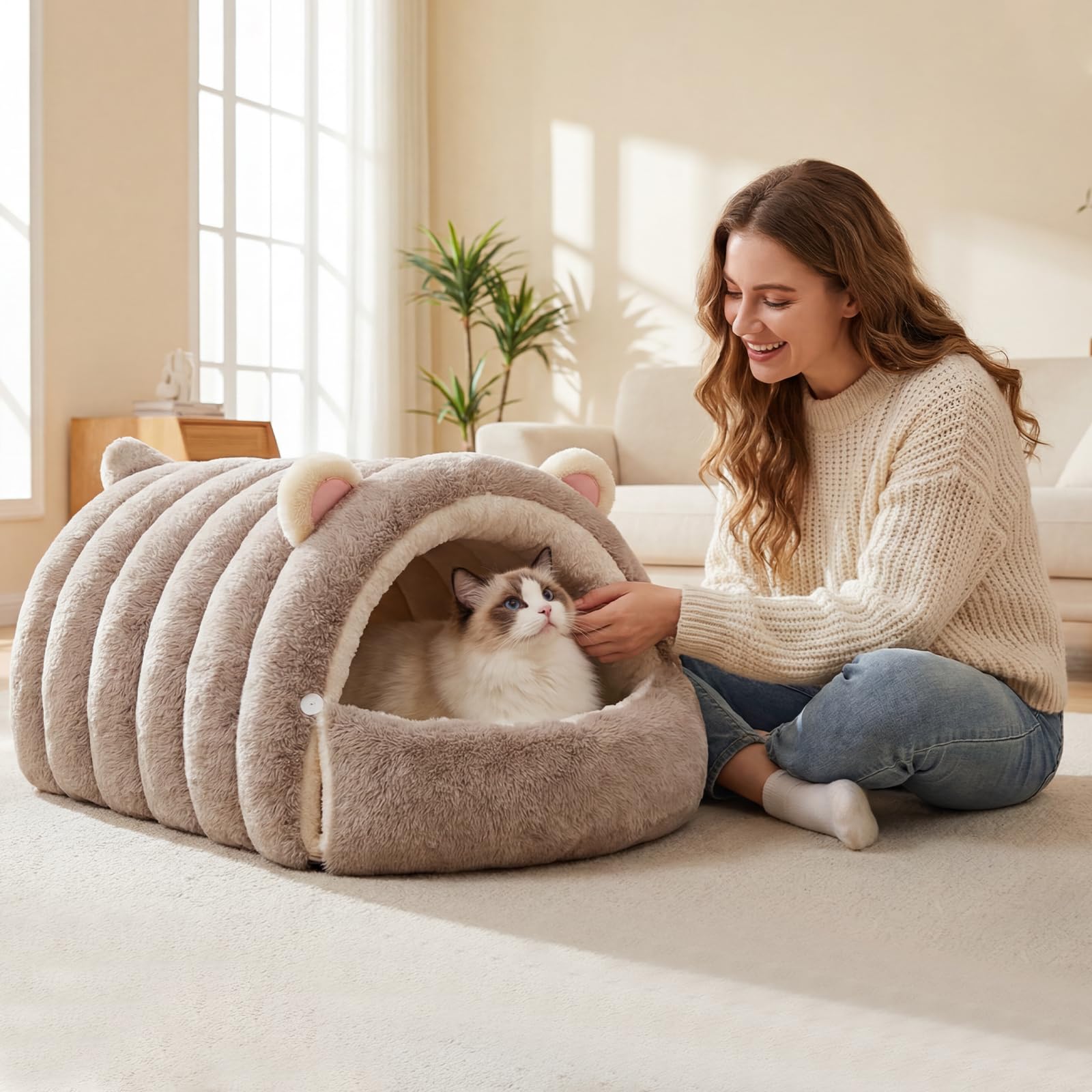 Galatée Katzenhöhlenbett, Haustierzelt Mit Rutschfestem Boden, Niedliches Katzenhaus, Weicher, Warmer Haustierunterschlupf, Weiches Und Bequemes Hundebett(L, Grau)