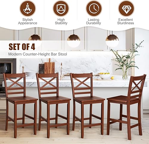 Miniatura 4 de COSTWAY Juego de 4 taburetes de bar, sillas antiguas de altura de encimera de cocina de 25 pulgadas con respaldo de madera en forma de X y patas de