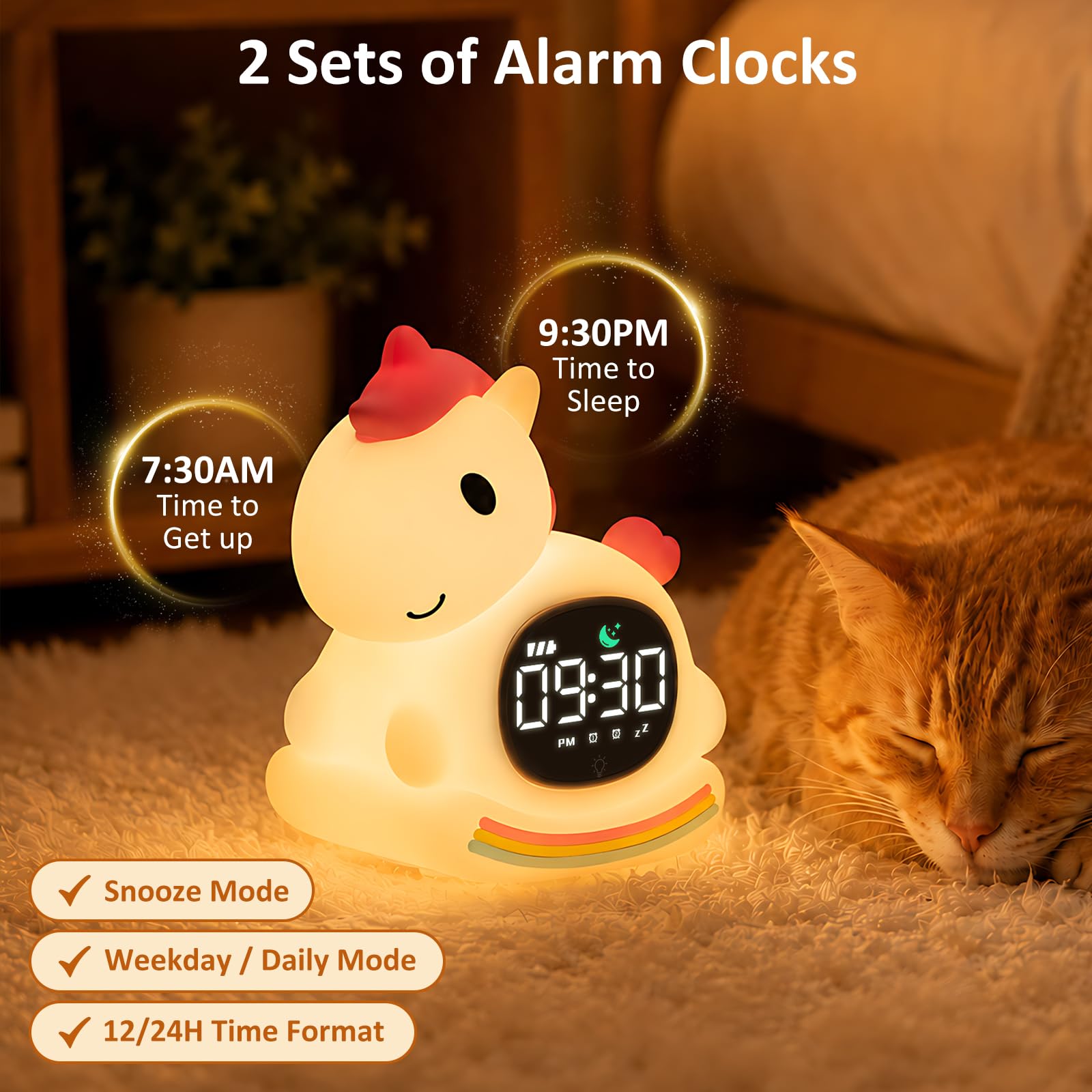 Réveil avec veilleuse pour enfants avec entraînement au sommeil et machine sonore, lampe rechargeable en silicone pour réveiller, lampe de table en forme d'animal mignon, compagnon de sommeil parfait