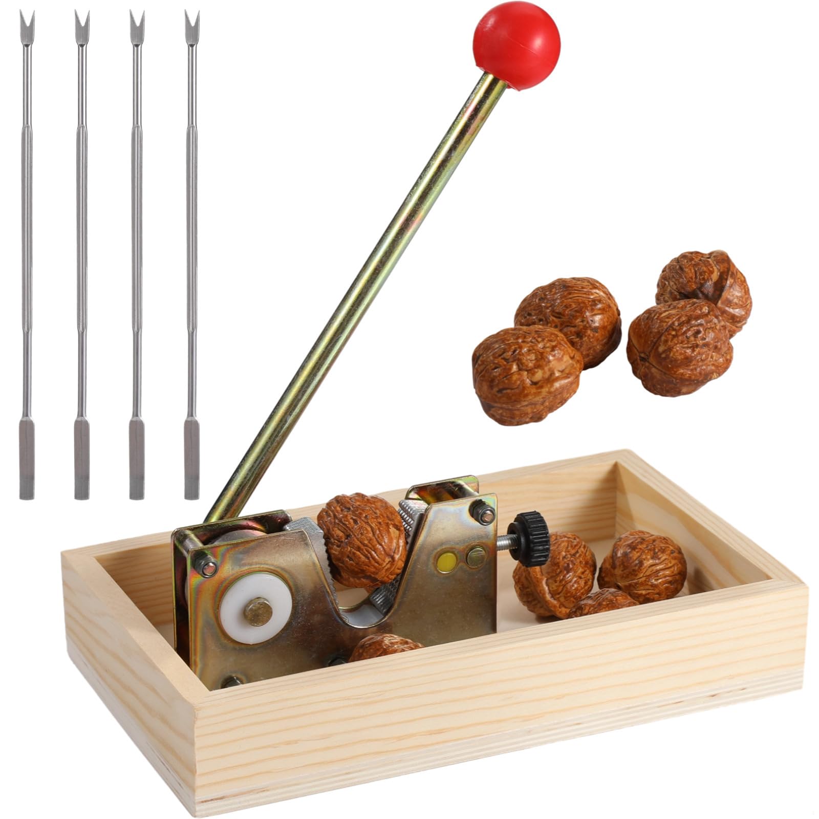Casse-noix avec levier réglable et base en bois, comprend 4 pics à noix et une poignée à boule rouge, facile à utiliser