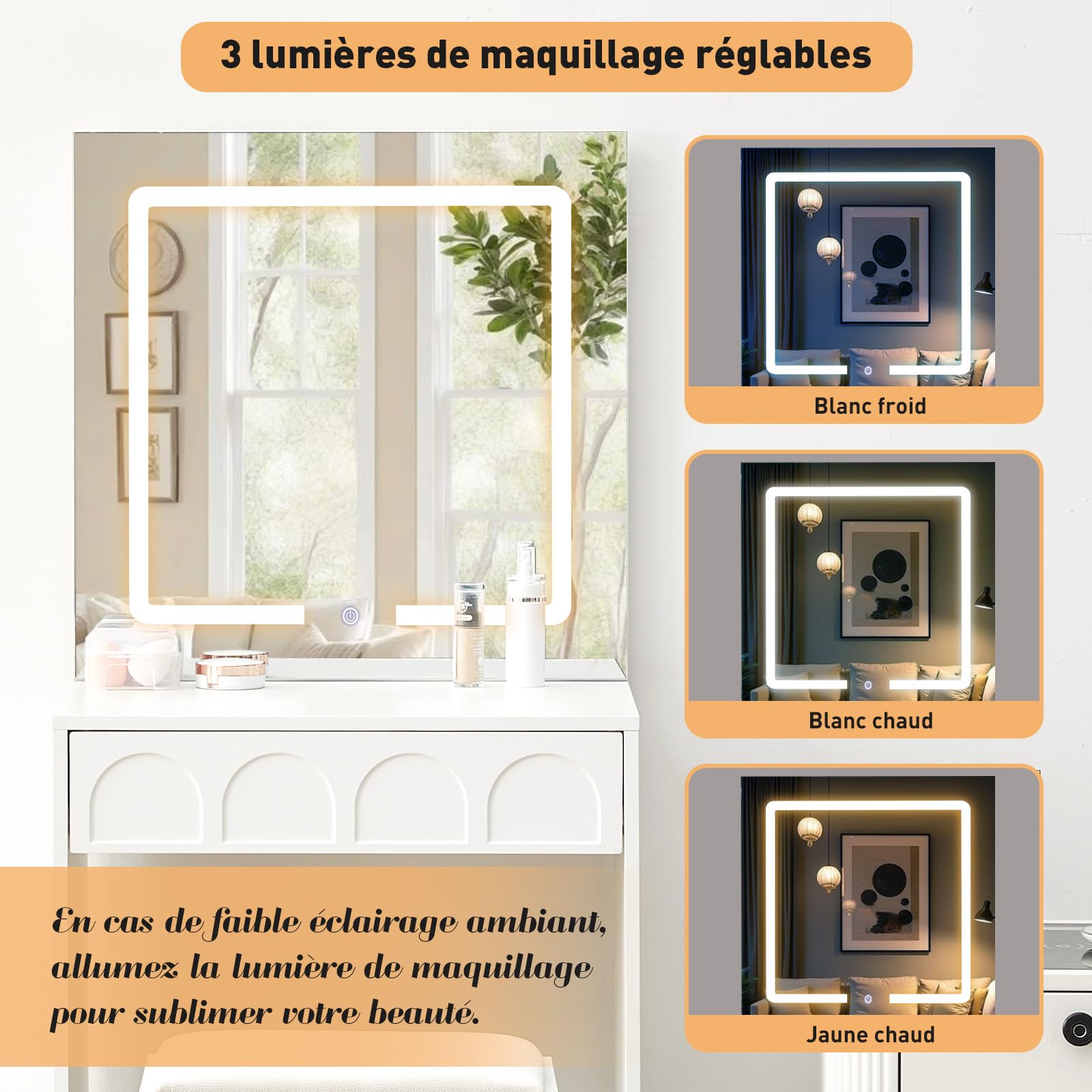 LEMROE Coiffeuse Moderne avec Miroir LED Tactile 3 Couleurs, Blanc | Table de Maquillage Compacte, Coiffeuse avec Miroir et Tabouret, pour Petits Espaces , Cadeaux pour filles