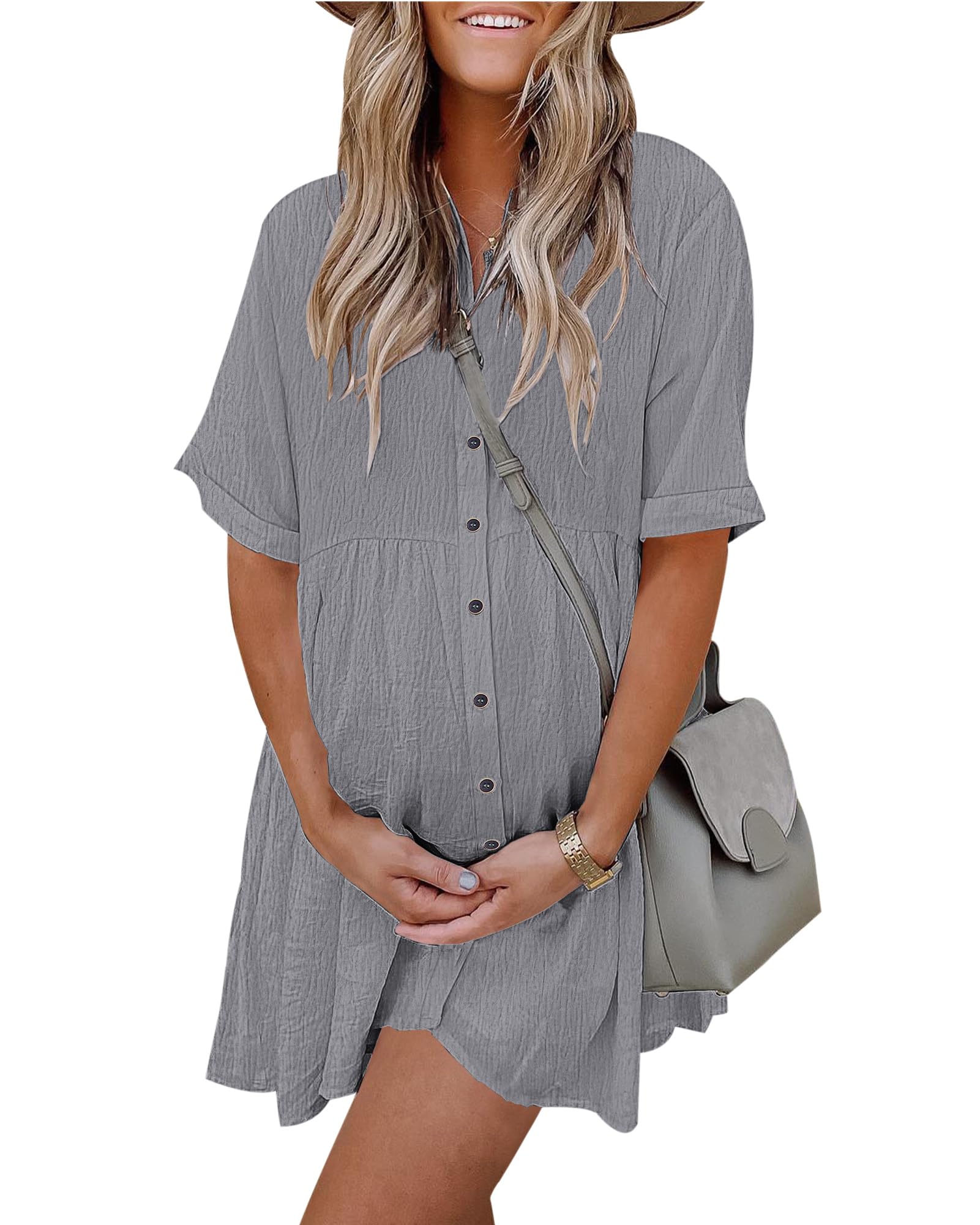 AUSELILY Women's Summer Babydoll Dress Casual Short Sleeve Sundress Button Down Dresses with Pockets