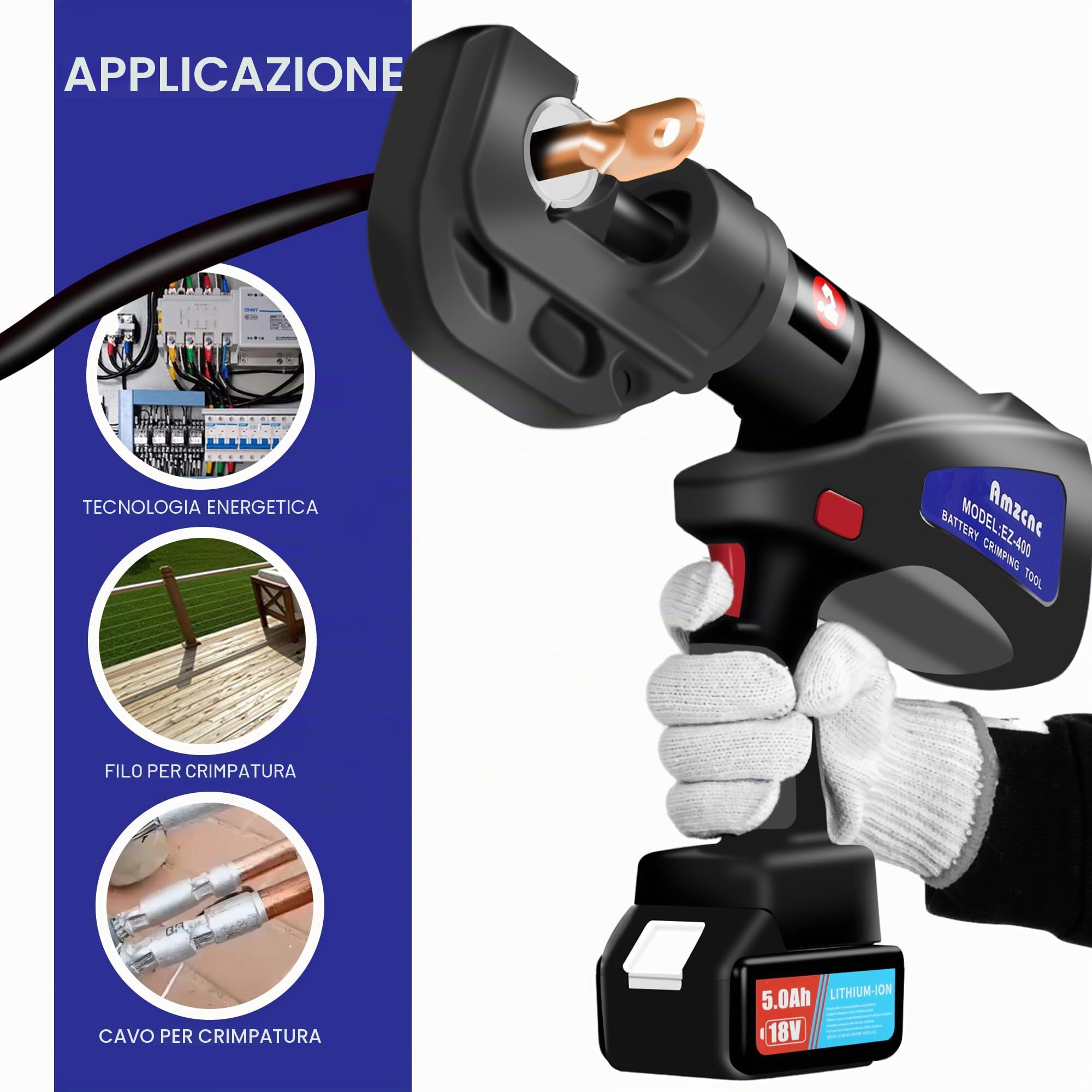 AMZCNC Pinza crimpatrice idraulica ricaricabile, batterie al litio da 18 V, 2 pezzi, 16-400 mm², 12 timbri, pinza crimpatrice per capicorda