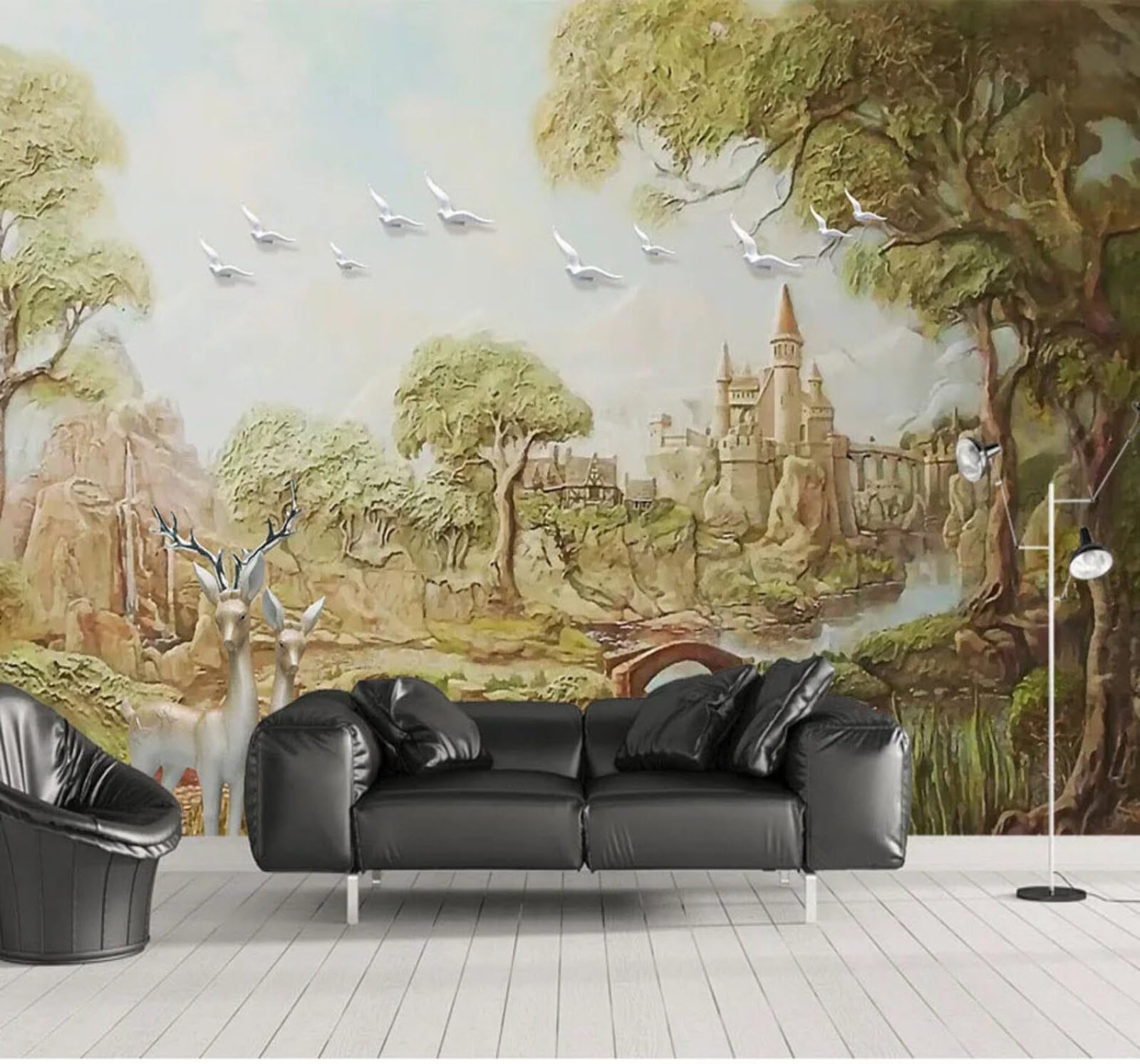 Wallpaper-3D-Xlm 250Cm×170Cm(B×H) Relief Castle Woodland Reindeer Scenery 3D Wallpaper Easy Install Feature Office Living Room Sofa Bedroom Tv Background Wall Decoration-250Cm×170Cm