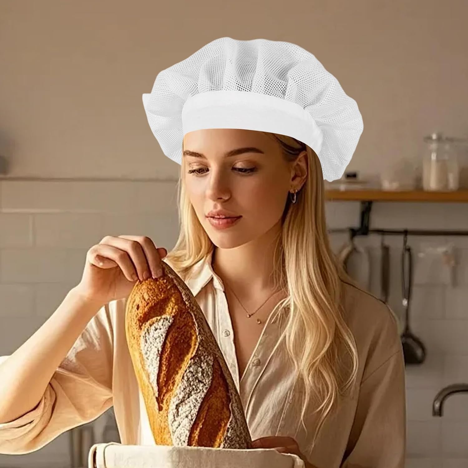 LIFKOME 2pcs White Kitchen Chef Hats Breathable Mesh Food Service Caps Elastic Reusable Cooking Caps for Bakers and Restaurant Workers