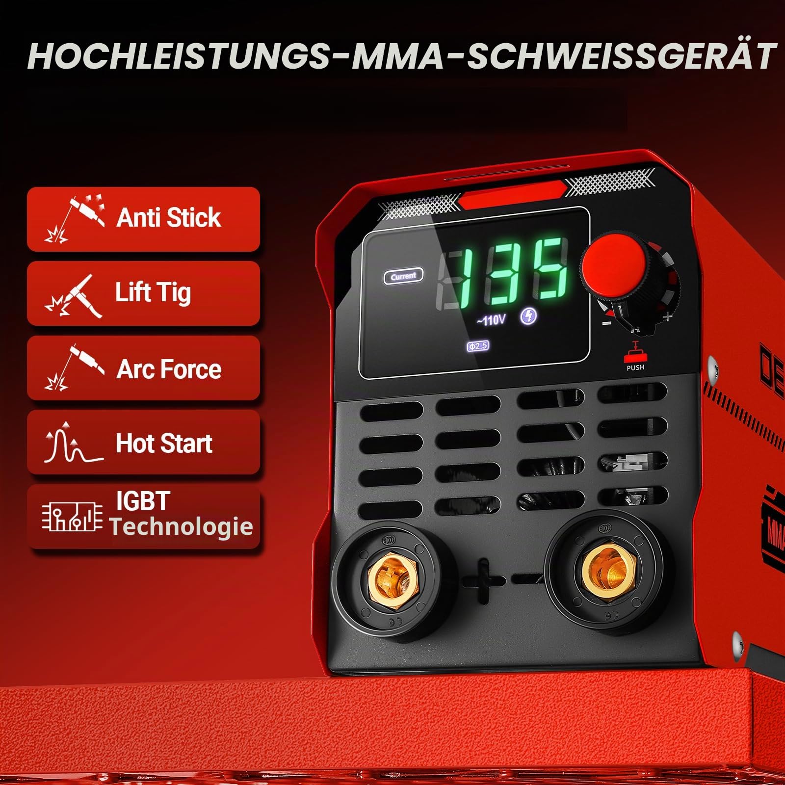 DEKO Elektroden Schweißgerät 135A 220V: 2-in-1 Mini Schweissgerät MMA/Lift TIG, ARC Schweißer, Inverter IGBT, Hot Start, Anti-Stick, LED-Anzeige, Schweißmaschine, Kompakt&Tragbar, Rot