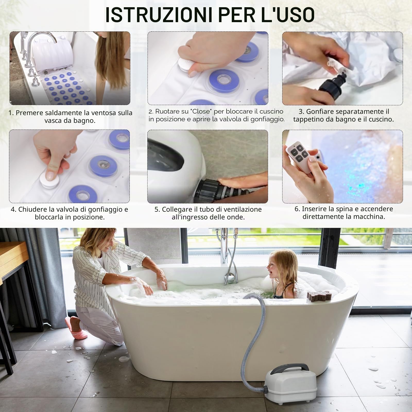Idromassaggio per Vasca da Bagno, Tappetino Idromassaggio Tappetino SPA ad Aria con Illuminazione LED Multicolore 6 Livelli di Intensità 93 Ugelli e Cuscino Accessorio per Spa Domestica