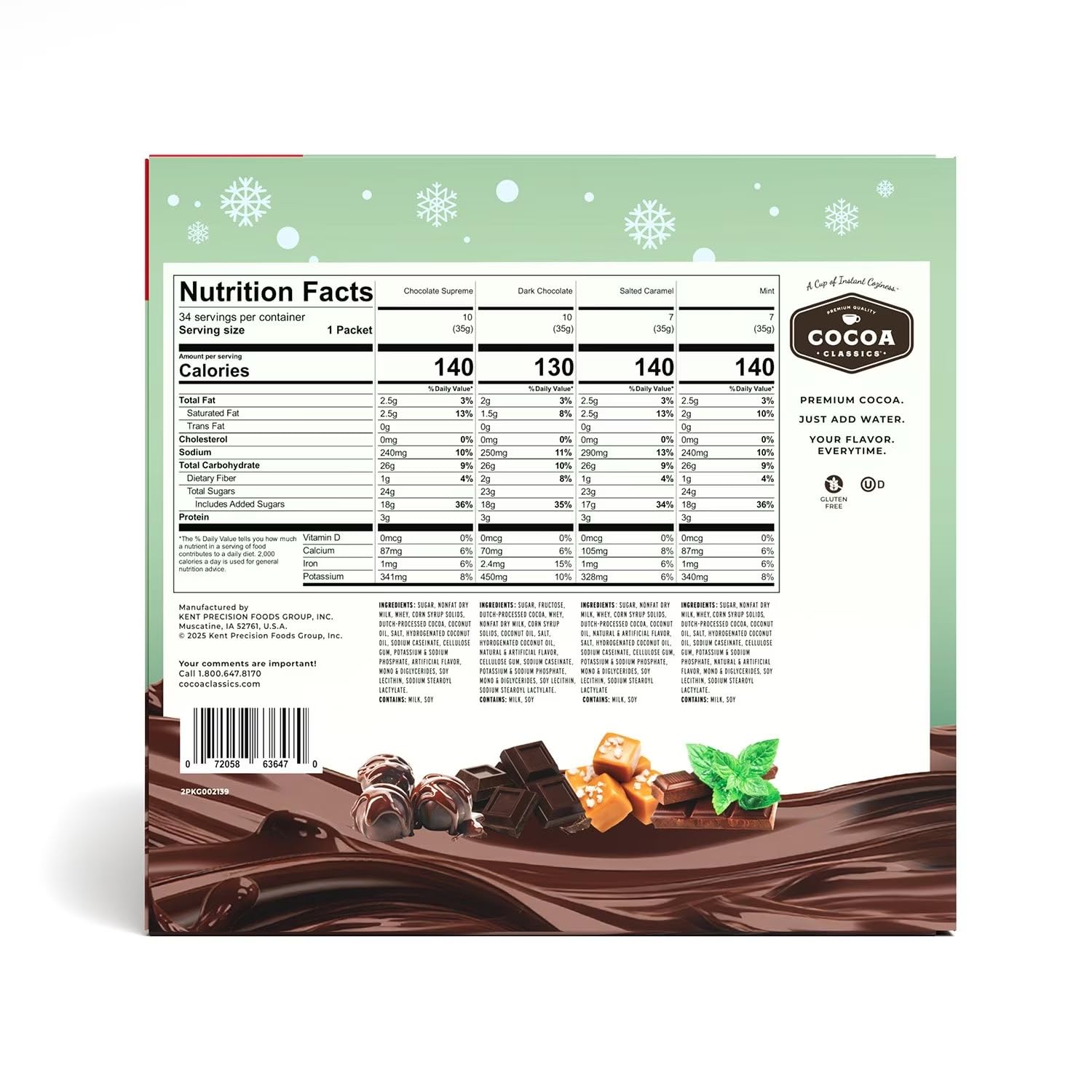 Cocoa Classsics Hot Cocoa Mix Variety Pack with Chocolate Supreme, Dark Chocolate, Salted Caramel, Mint Flavors, 34 Count
