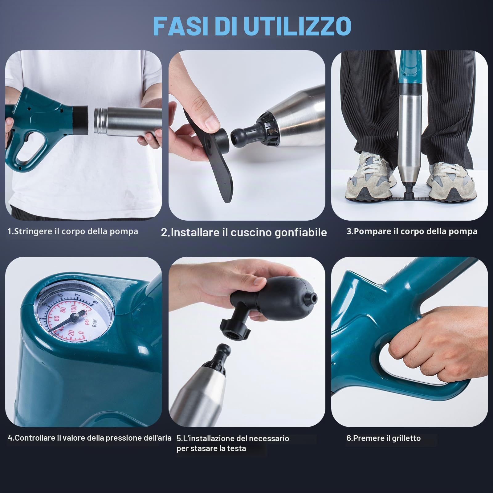 Pompa Stura scarichi a Pressione Stantuffo per WC Sturalavandini a Pressione Sturatubi ad Aria Compressa 4 in 1 Stura WC per Disintasare WC/Lavello/Doccia/Lavandini/Scarico