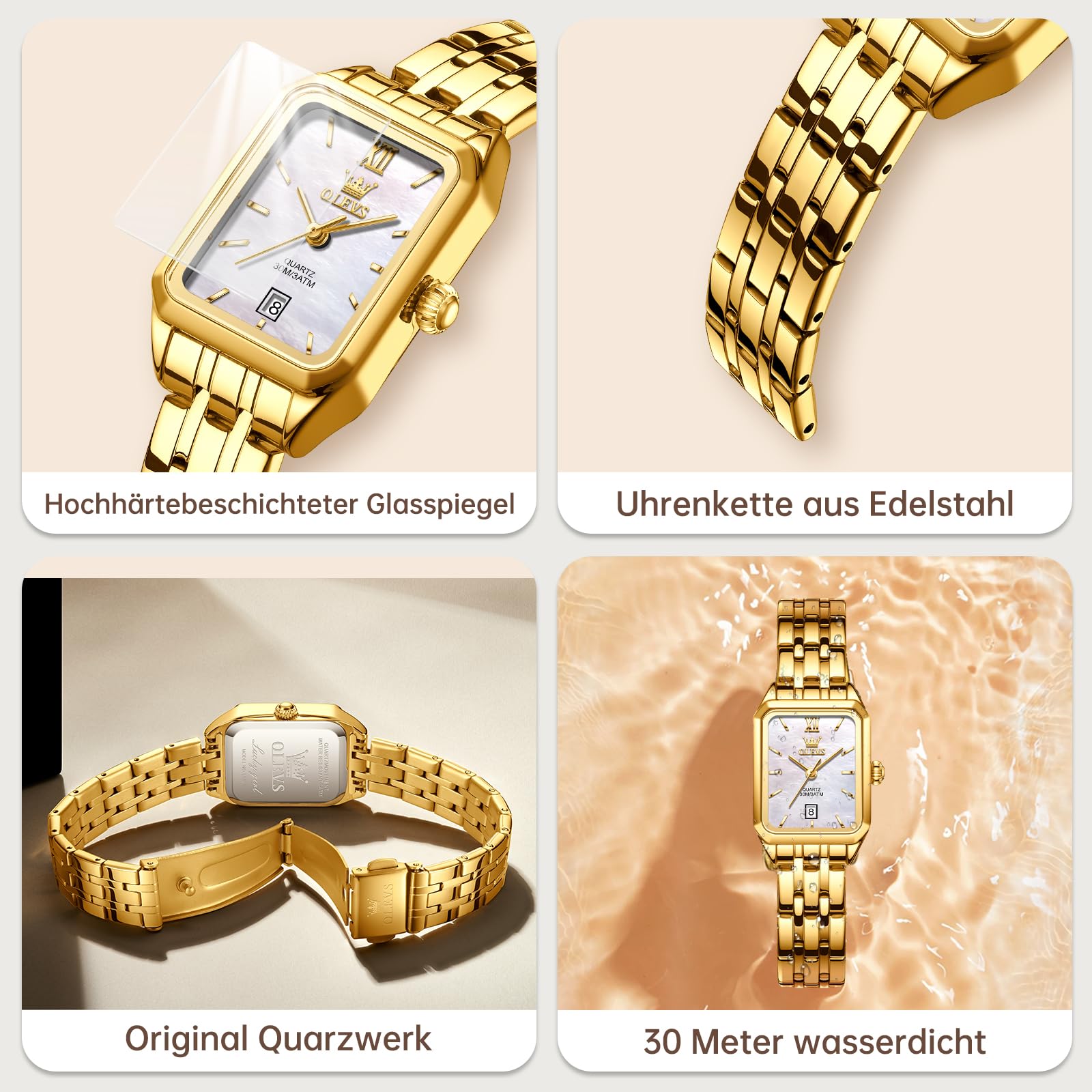 OLEVS Gold Damenuhr, Rechteckig Edelstahl Analoger Quarz Damen Uhr, Klassisches Luxus Kleid Diamant mit Datum Armbanduhr Damen
