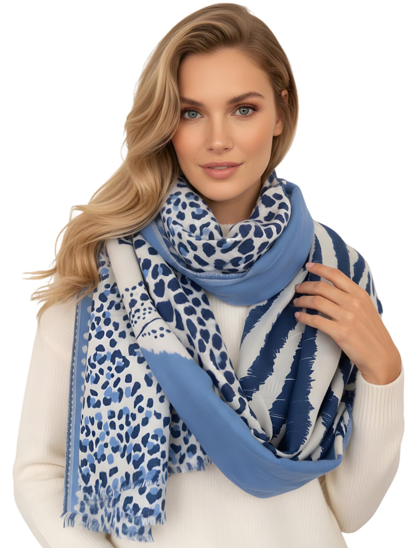 Women Animal Leopard Print Scarf - Ladies Scarves with Stripe, Leopard Print Gifts, Pashmina Shawl, Long Winter Wrap Wearable Blanket, Womens Neck Scarf Shawl Scarfs (Tiger Leopard: Blue)