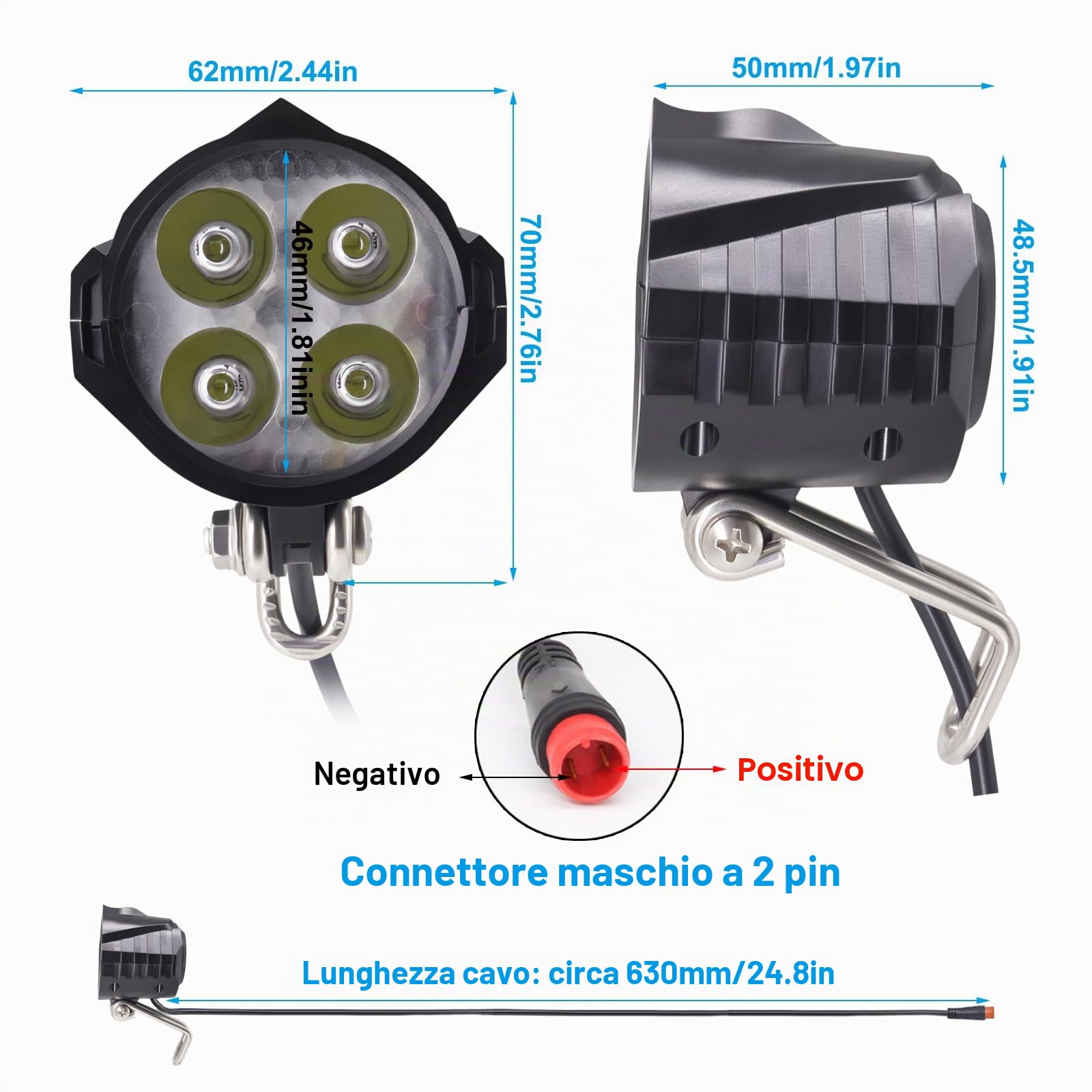Fanale anteriore per e-bike 48V 36V, compatibile 12V-60V, faro elettrico per bici con connettore impermeabile a 2 pin