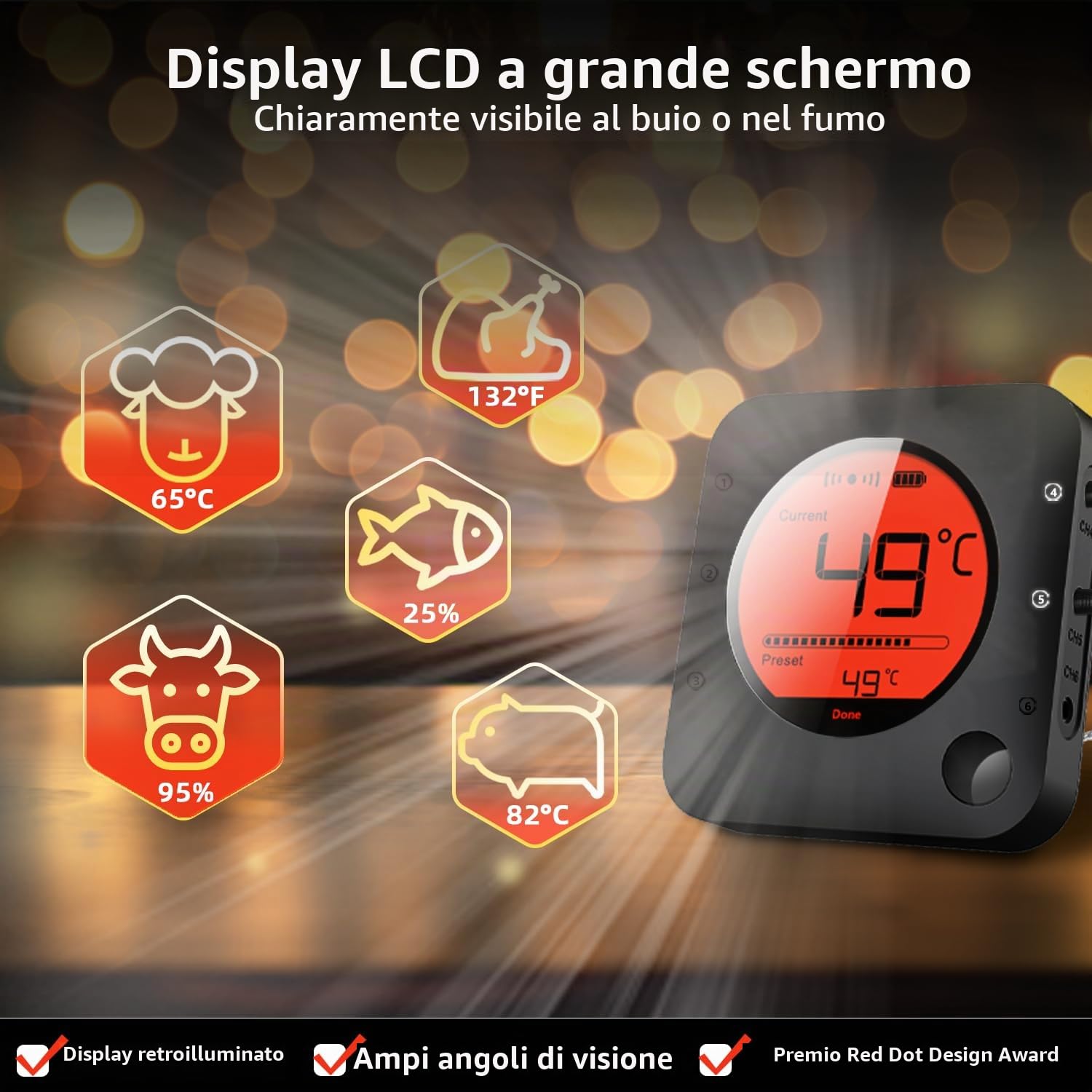BFOUR Termometro da Cucina Digitale Termometro per Cucina Bluetooth Termometro per Carne Barbecue Wireless Termometro da Forno con Timer BBQ Griglia LED Display App 6 Sensori (Nero, 4 Sonde)