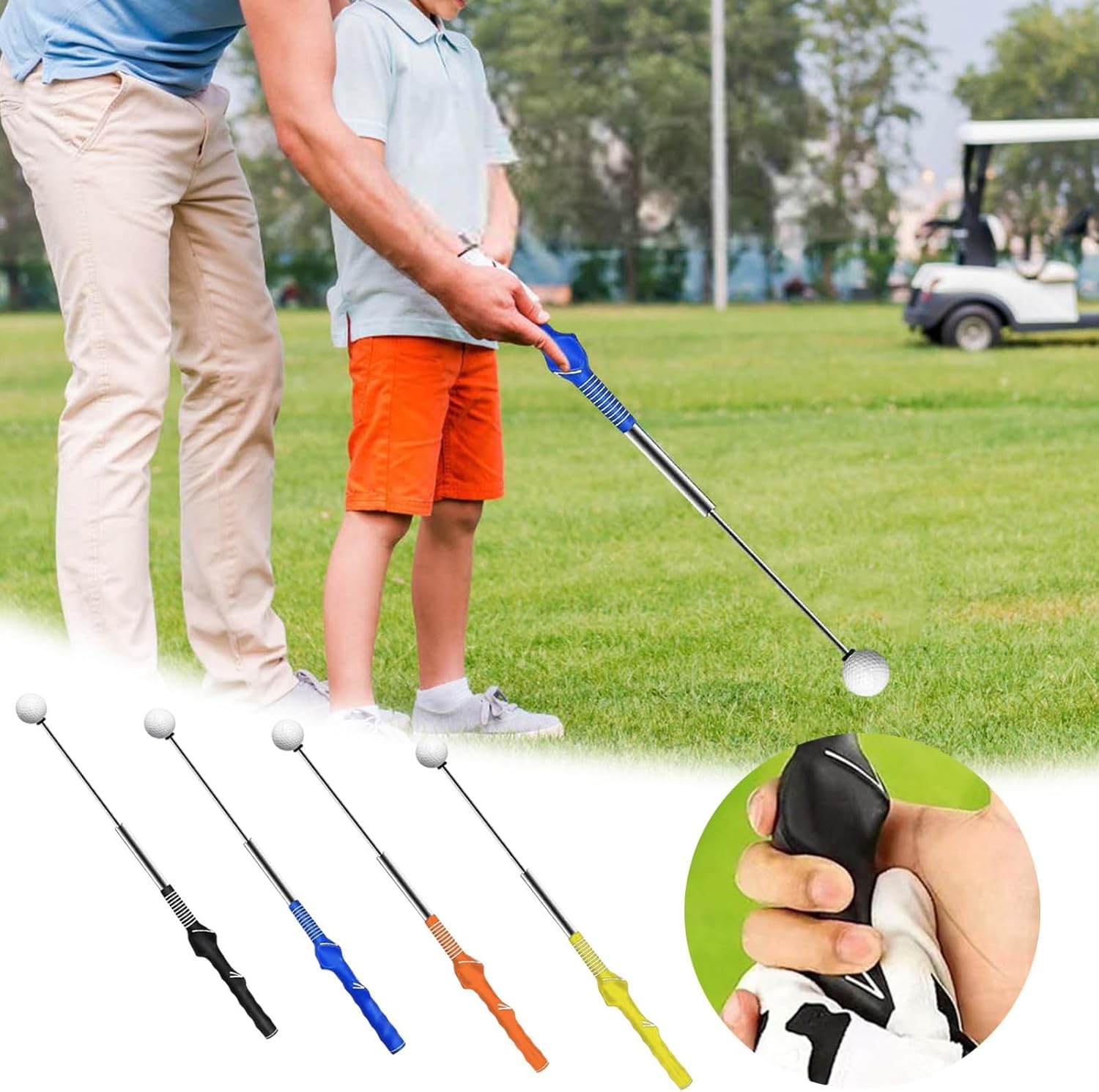 格納式ゴルフスイングトレーニング補助、ゴルフグリップトレーナー&amp;ゴルフスイングトレーナー、ウォームアップ用、右利きゴルフクラ