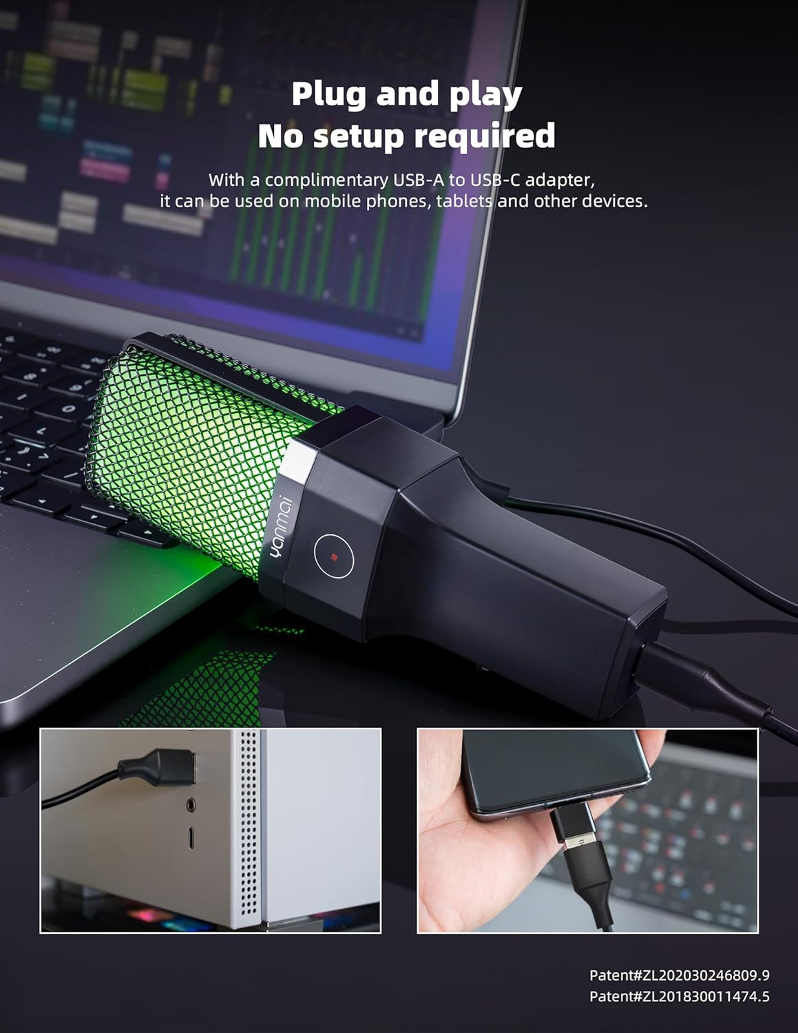 USB Microphone, Cardioid Condenser, RGB Lighting, Gooseneck Flexible Tripod Set, Suitable for Computers, Phones, Live Streaming, Recording