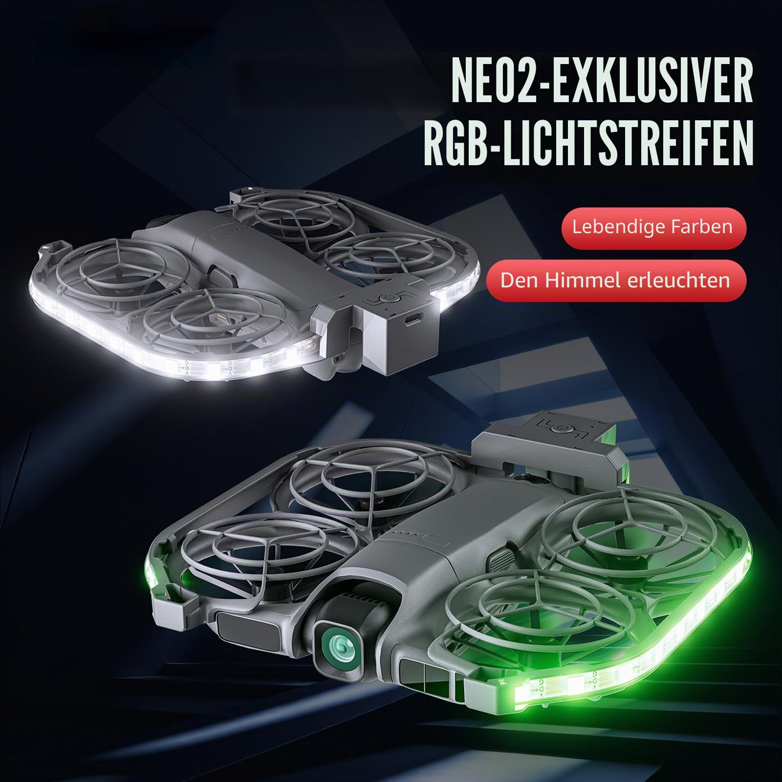 LED-Lichtstreifen Propeller Guard für DJI Neo 2 Zubehör, RGB Mehrfarbige Durchfluss Nacht Flug Licht Fliegende Warnstreifen für DJI Neo 2 Fly More Combo, Typ-C wiederaufladbar, Steady/Flash/Flow-Modi