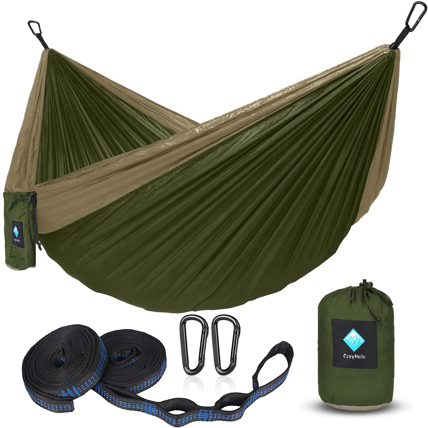Double Hammocks for Camping, Portable Parachute Hammock for Outdoor Hiking Travel Backpacking - Hammocks Swing for Backyard & Garden 78''W 118''L (Khaki/Green)