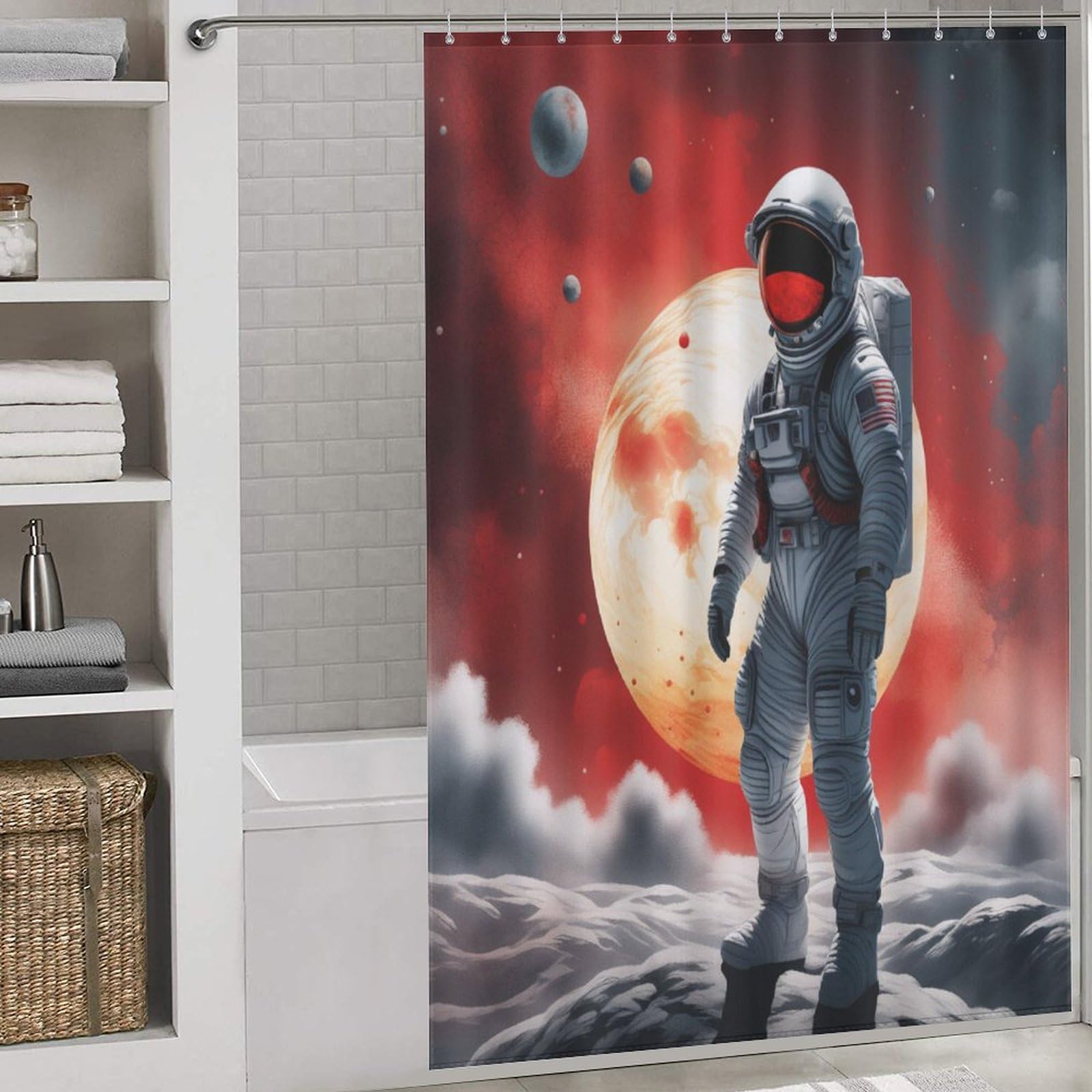 Rideau de douche astronaute lavable et imperméable avec 12 anneaux
